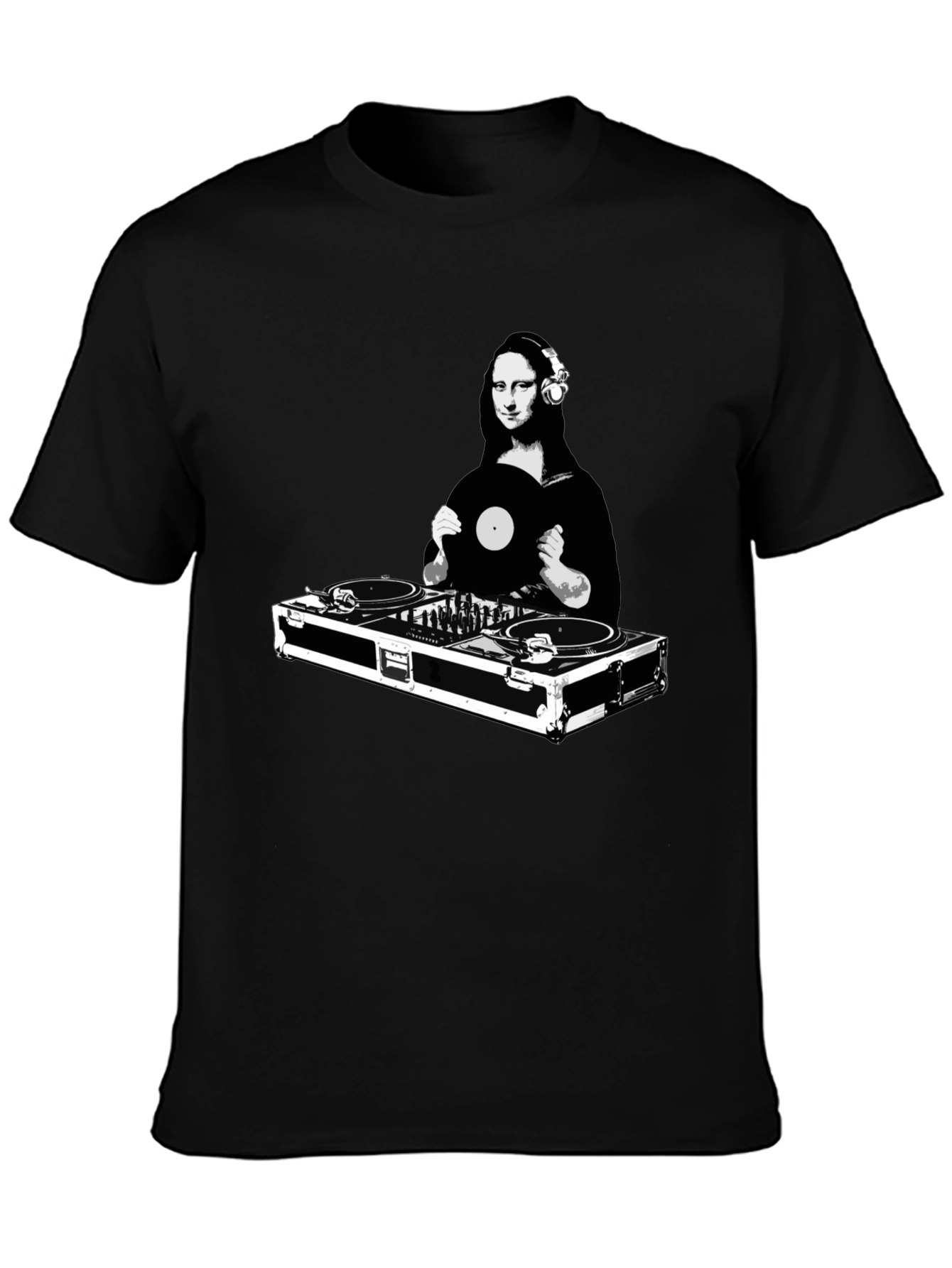 Black Mona Lisa DJ Black T-Shirt - Unique Graphic Tee view 3