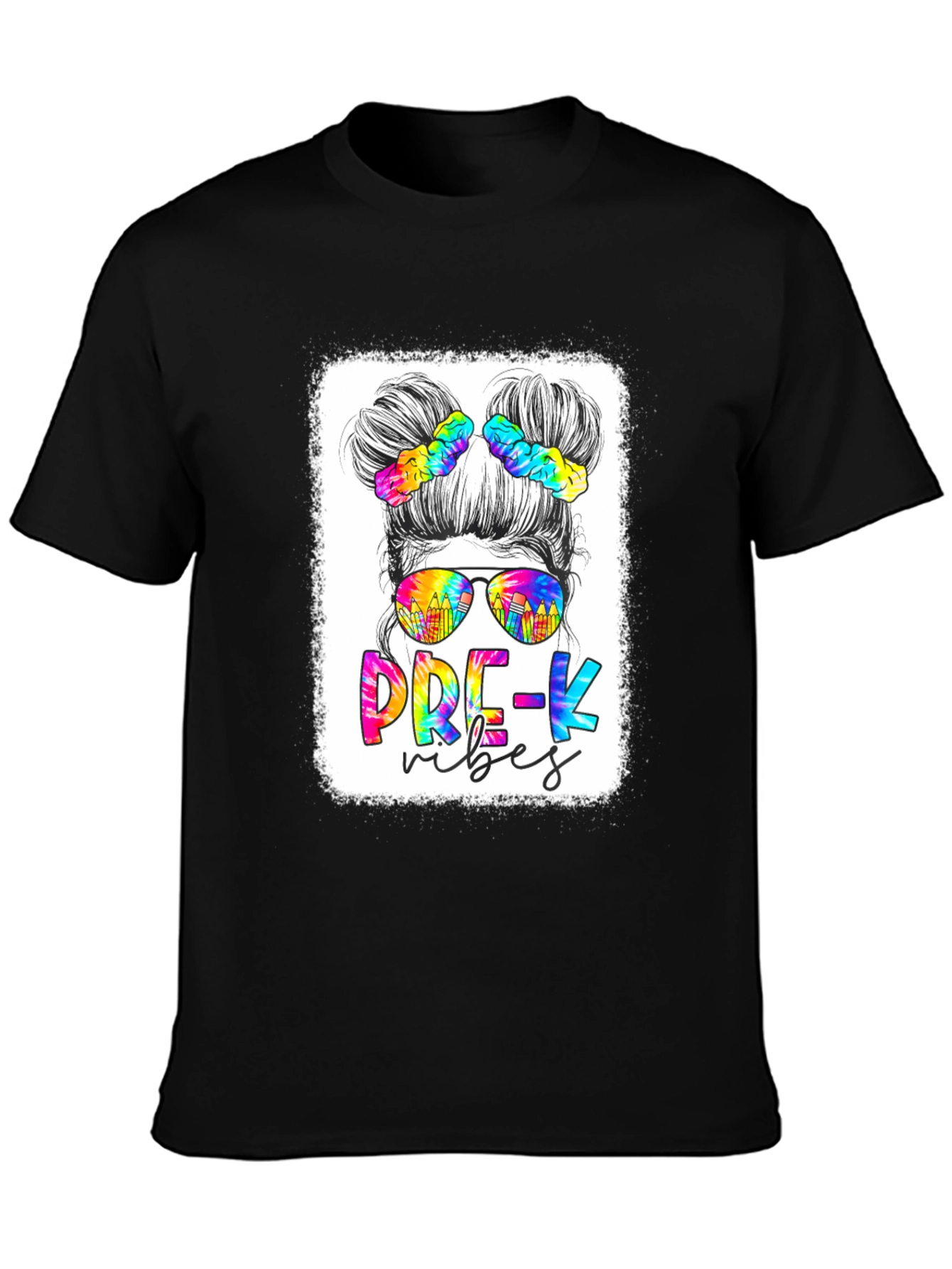 Black Pre-K Vibes Messy Bun Teacher T-Shirt view 3