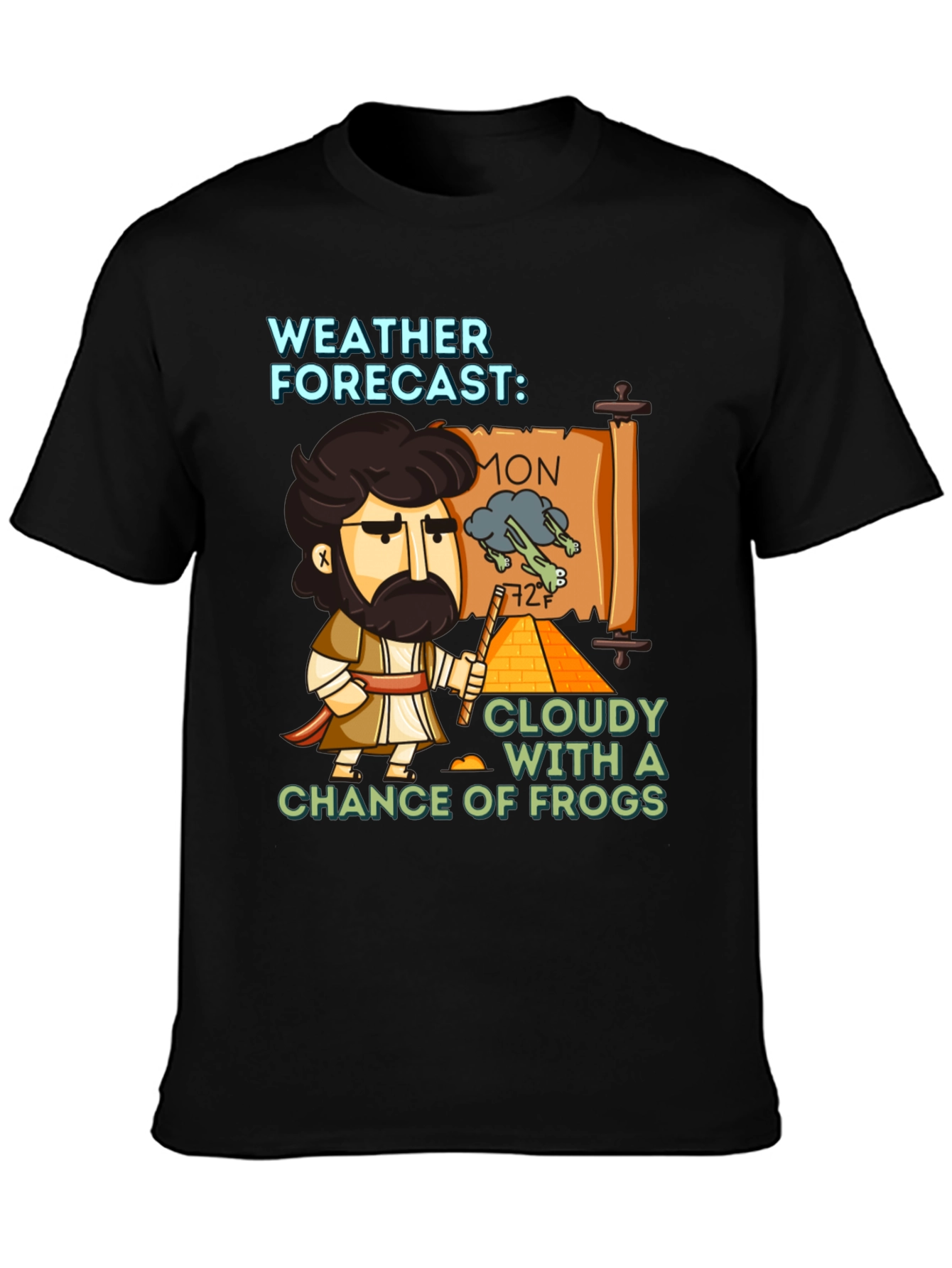 Black Funny Weather Forecast Cloudy Chance of Frogs T-Shirt view 3