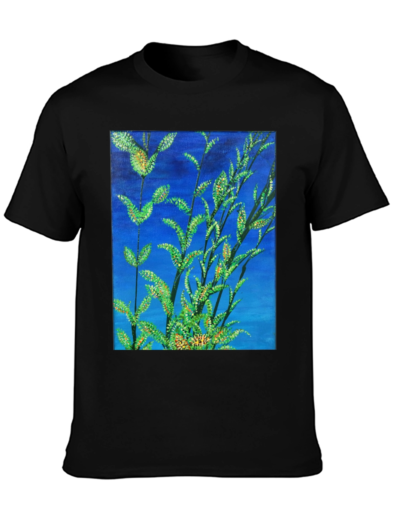 Black Botanical Blue T-Shirt - Vivid Nature Art Tee view 3