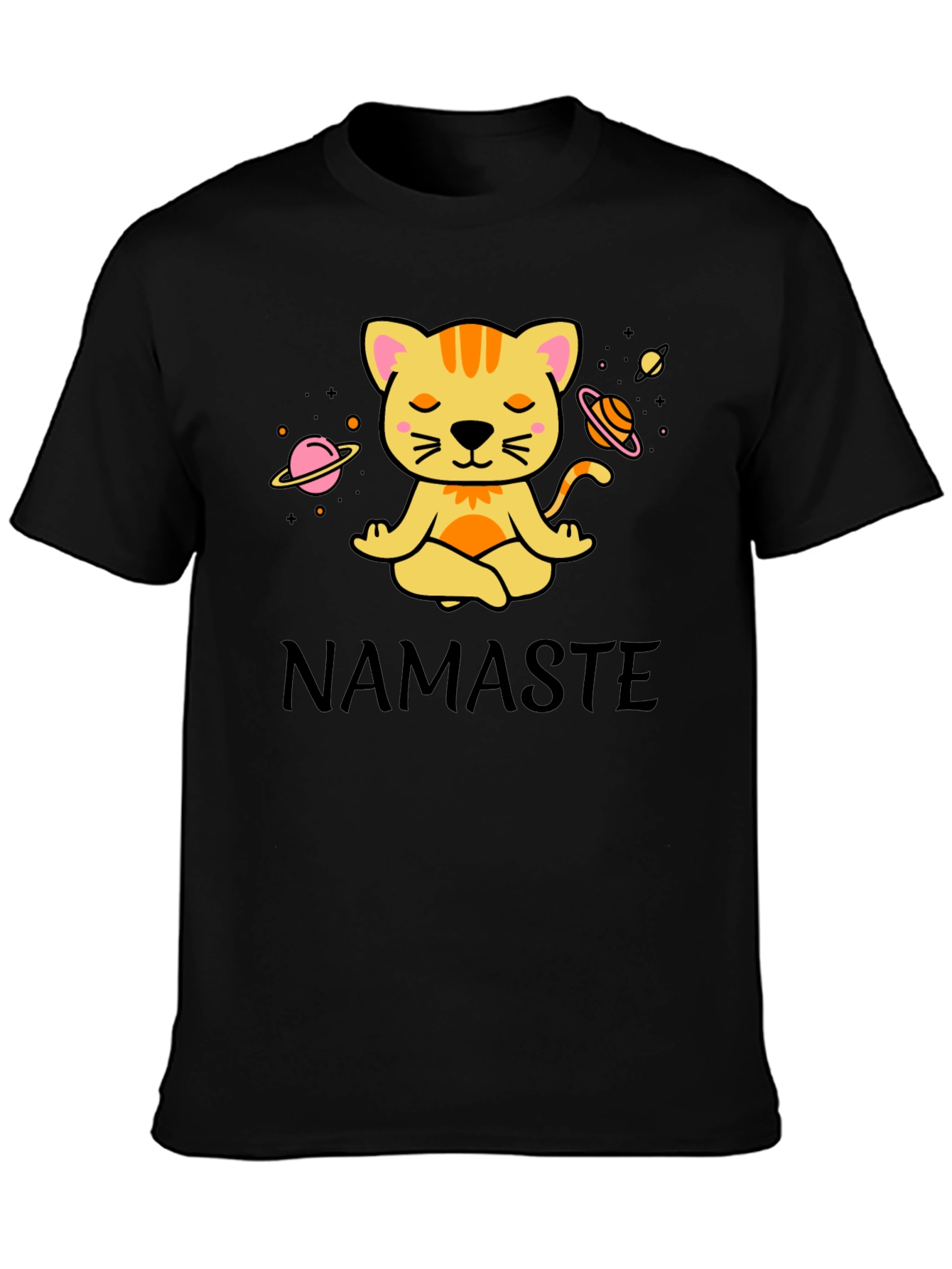 Black Namaste Cat Space Meditation T-Shirt view 3