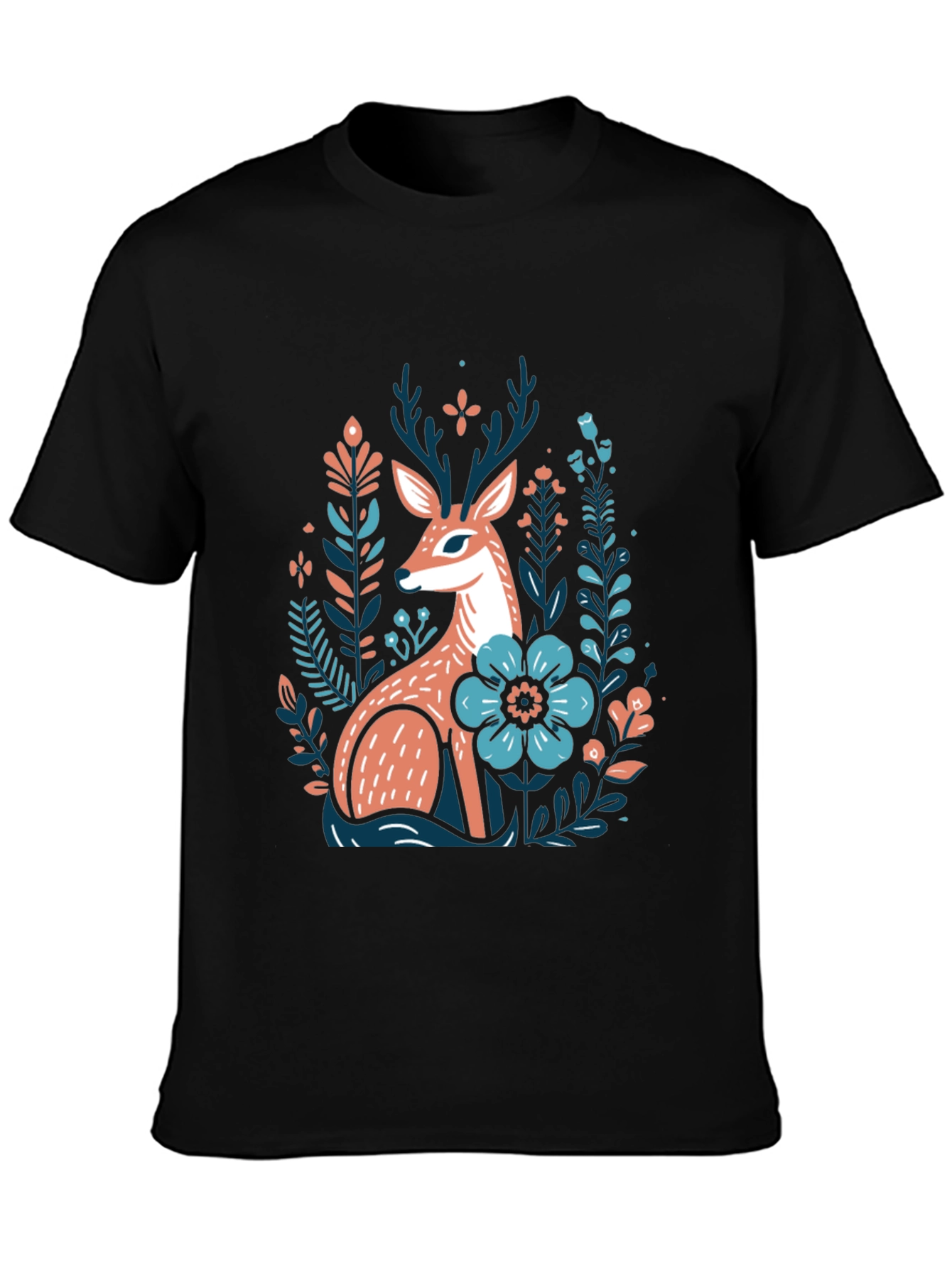 Black Deer & Floral Graphic Tee - Nature Inspired Black T-Shirt view 3