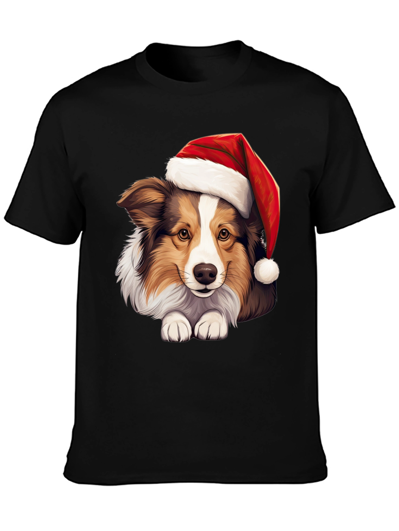 Black Festive Dog T-Shirt: Holiday Collie in Santa Hat view 3