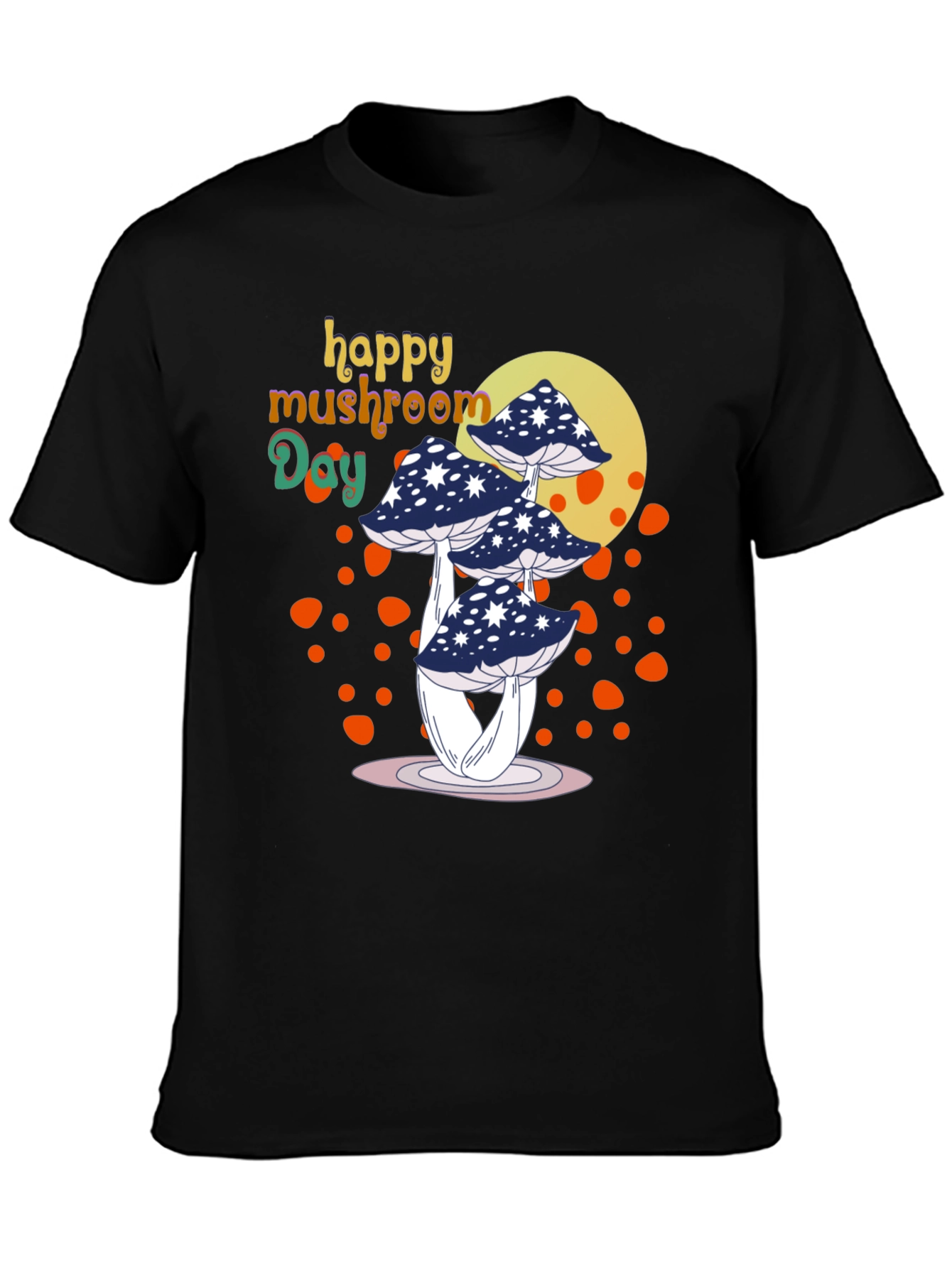Black Happy Mushroom Day T-Shirt - Unique Graphic Tee view 3