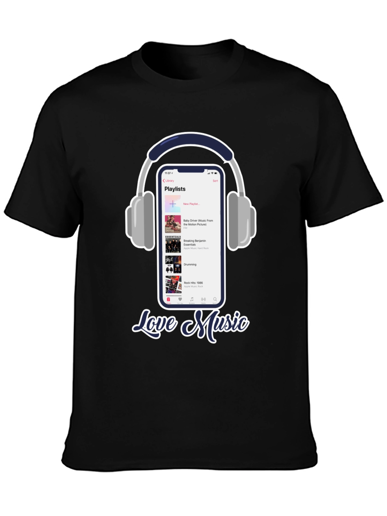 Black Love Music T-Shirt with Playlist & Headphones Design view 3