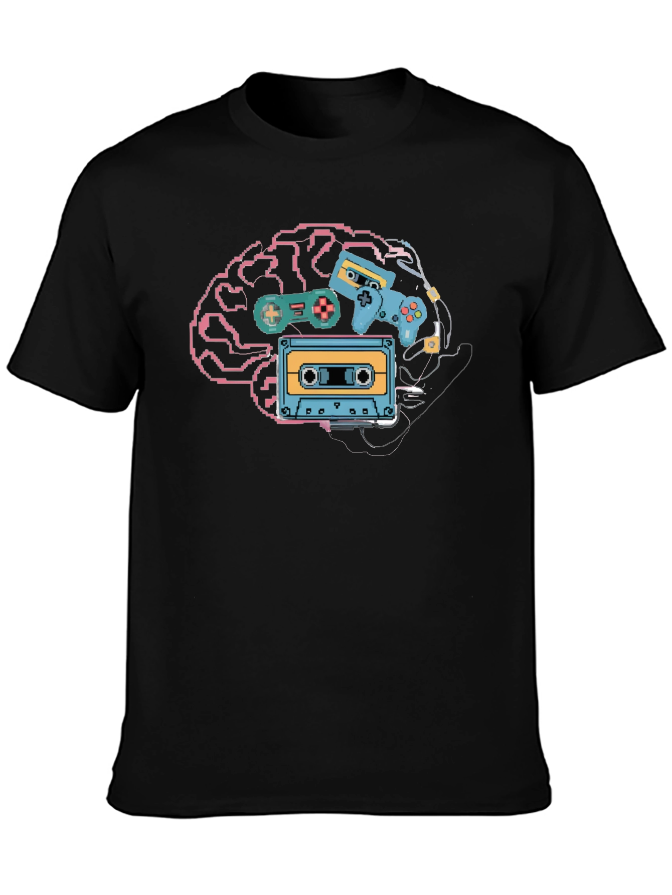 Black Retro Gamer Brain T-Shirt - Pixel Art Style view 3