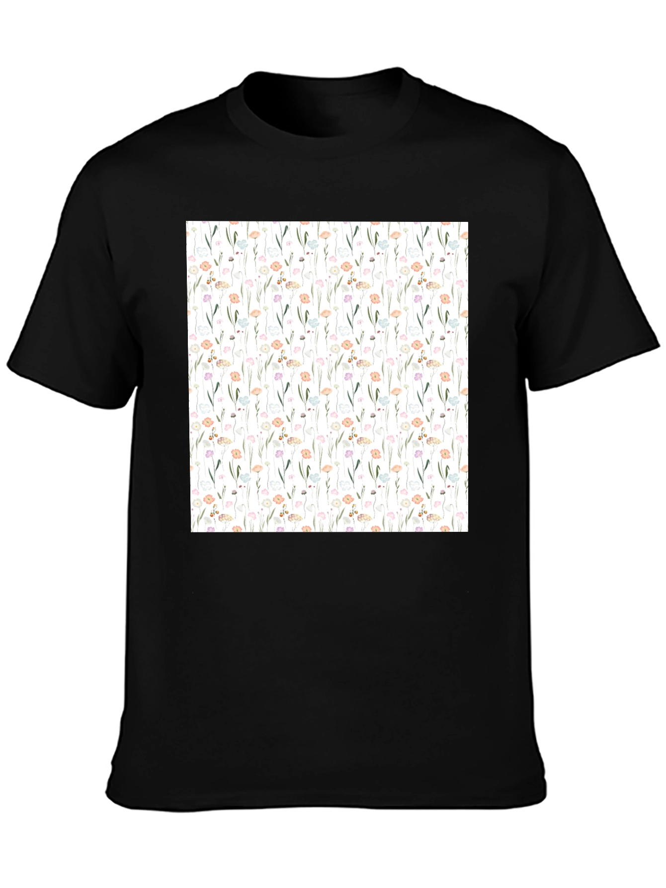 Black Floral Pattern Black T-Shirt view 3