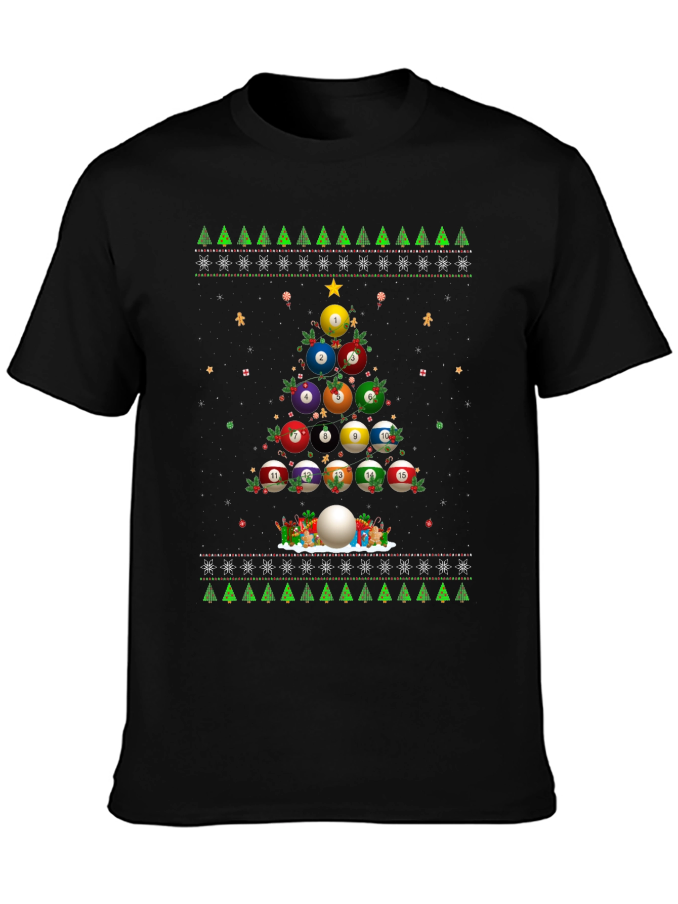 Black Billiard Ball Christmas Tree Holiday T-Shirt view 3