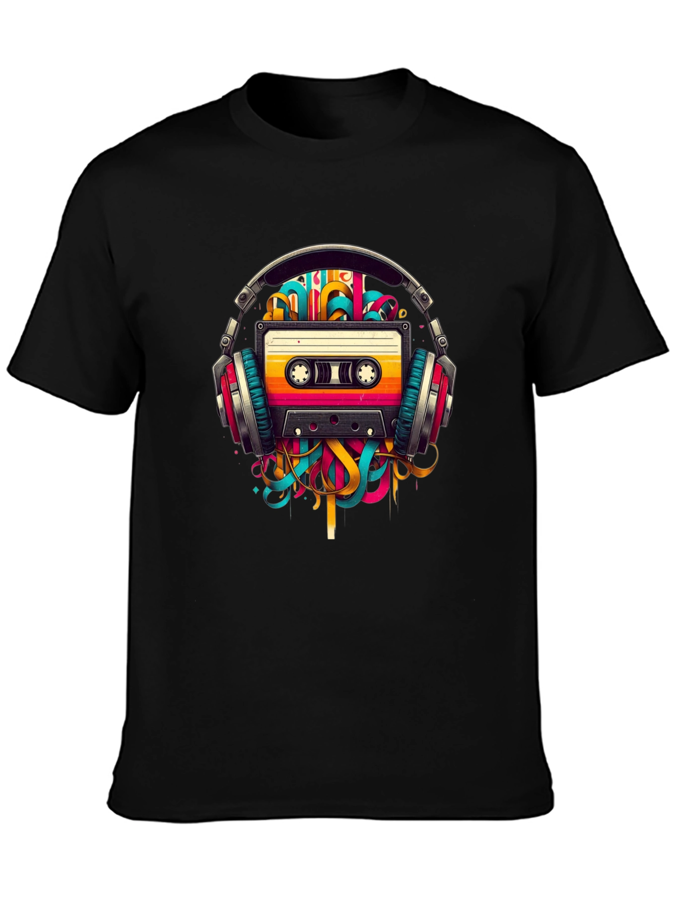 Black Retro Cassette Tape Headphones Graphic T-Shirt view 3