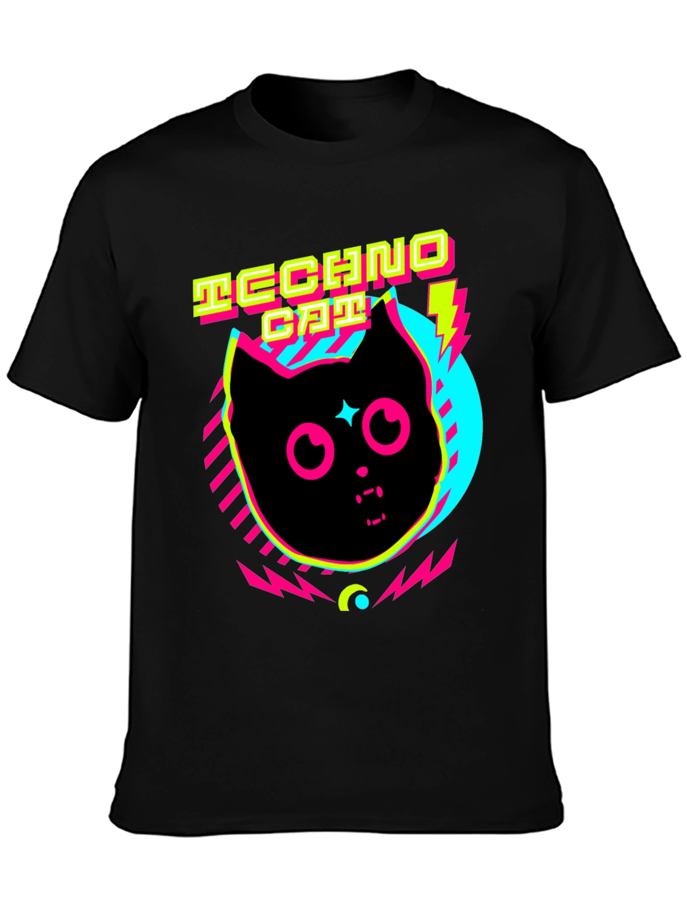 Black Techno Cat T-Shirt Neon Graphic Tee view 3