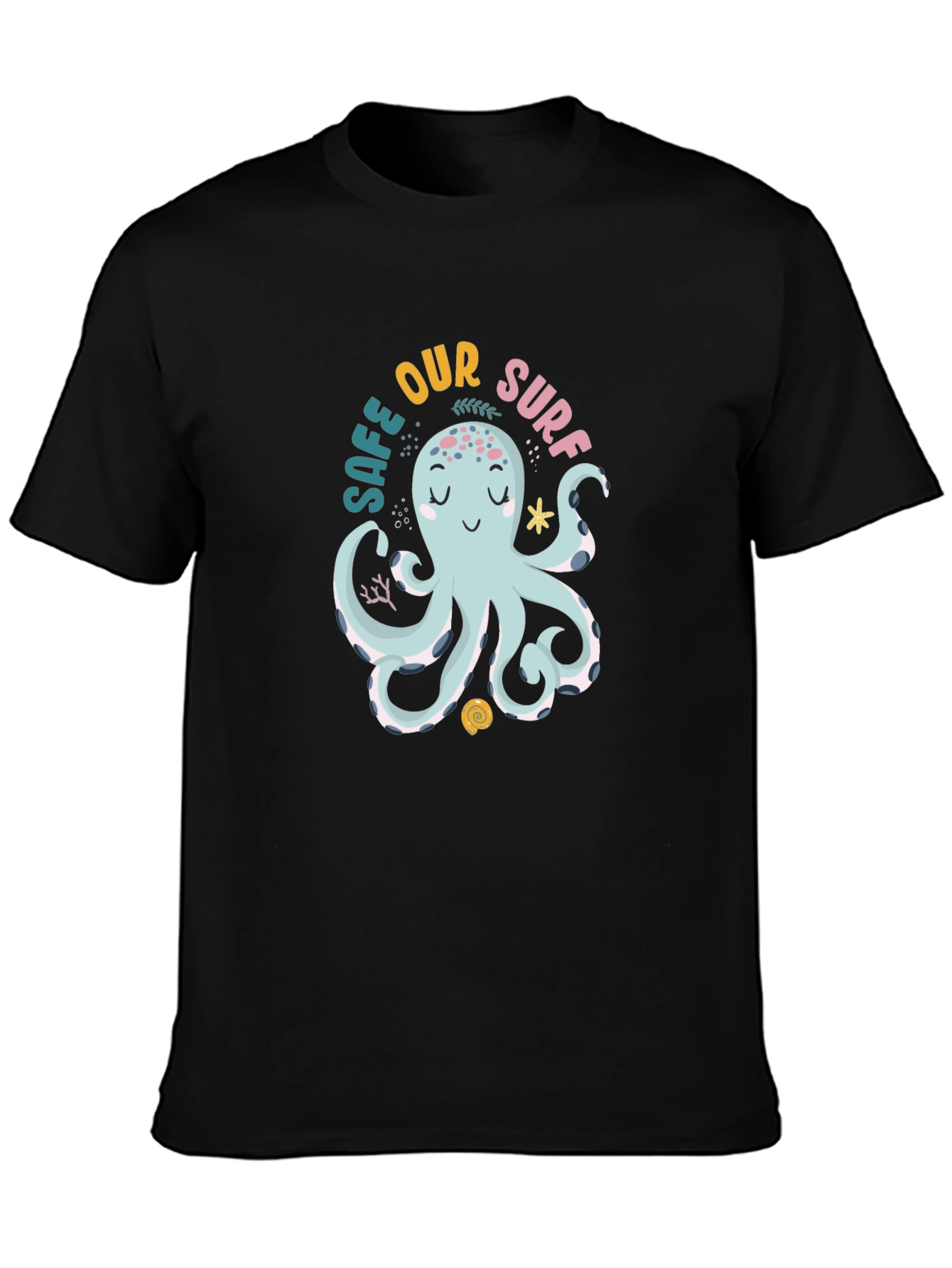 Black Cute Octopus Graphic Tee - 'Safe Our Surf' Black Cotton T-Shirt view 3