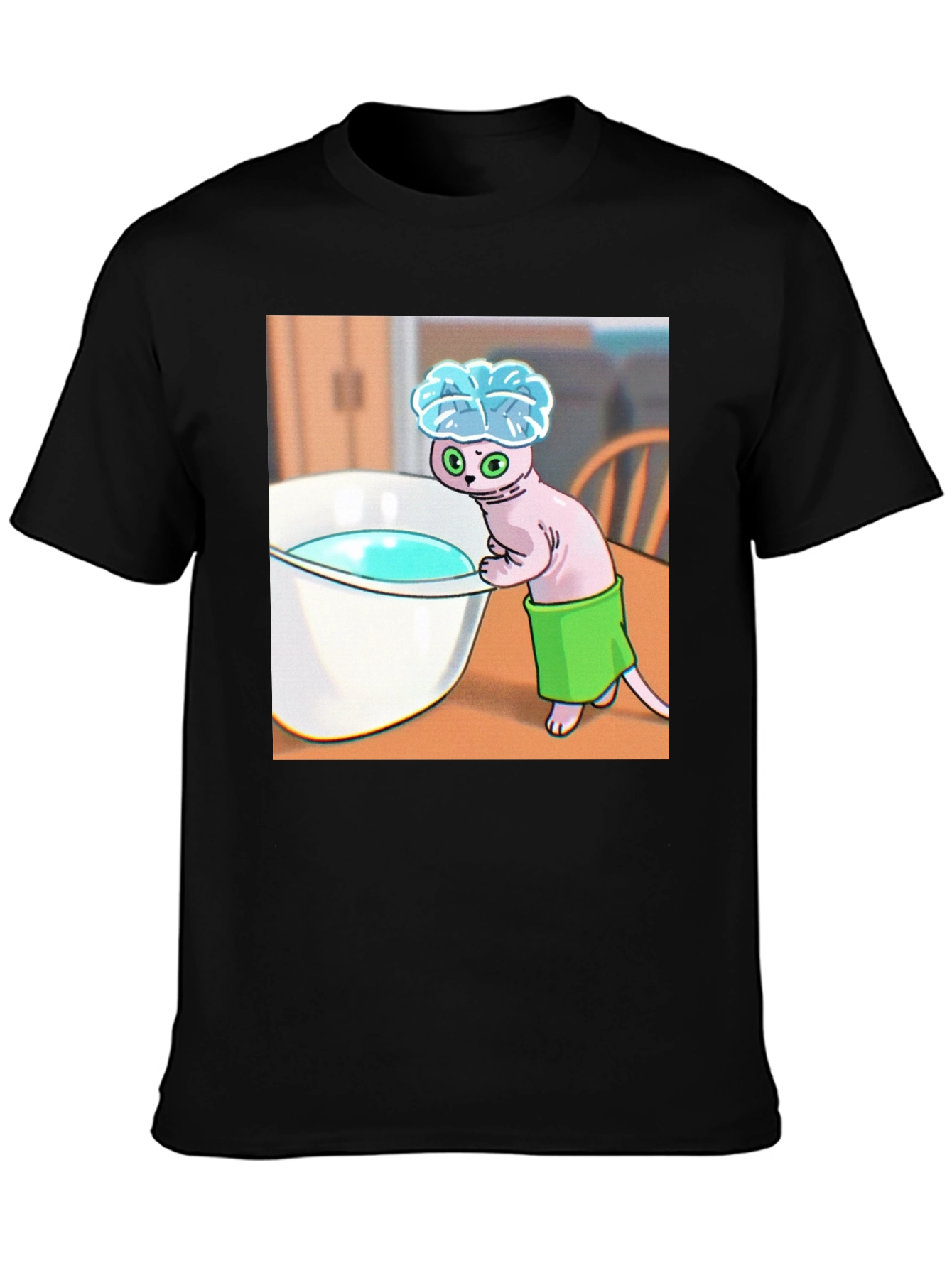 Black Cartoon Cat Bath T-Shirt - Funny Novelty Tee view 3