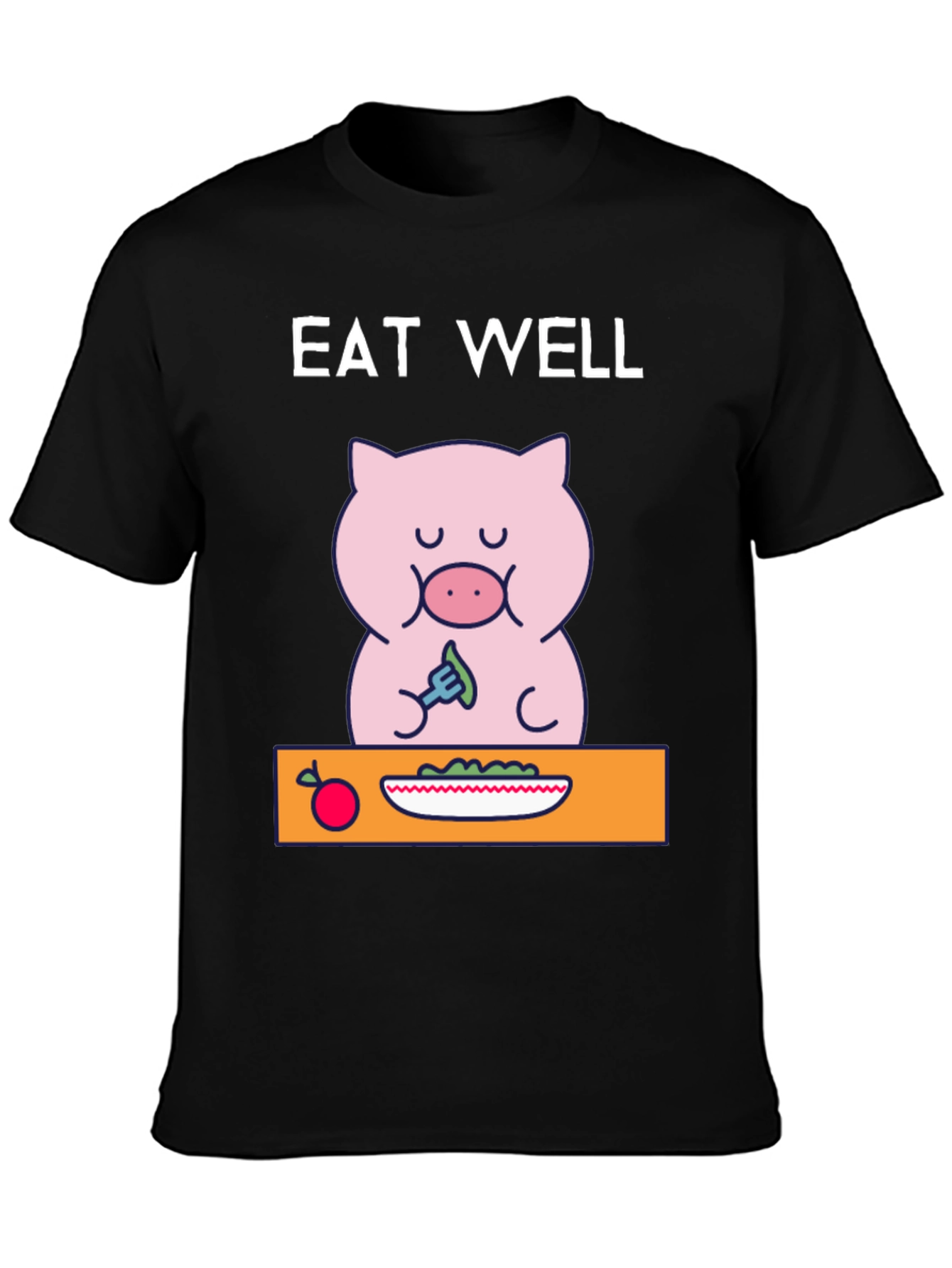 Black Eat Well Pig T-Shirt - Funny Cartoon Tee view 3