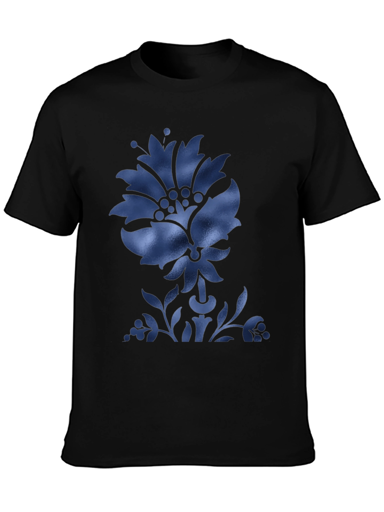 Black Men's Black T-Shirt with Blue Floral Design view 3