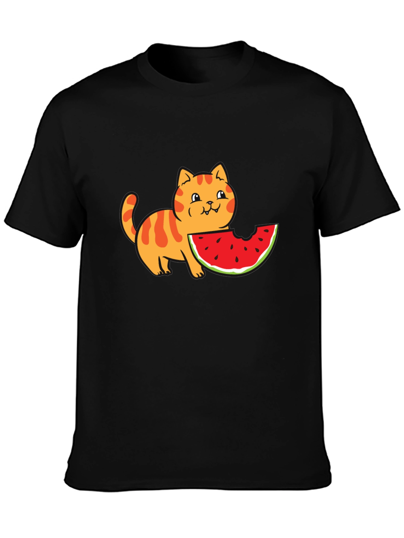 Black Cartoon Cat Watermelon Black T-Shirt view 3