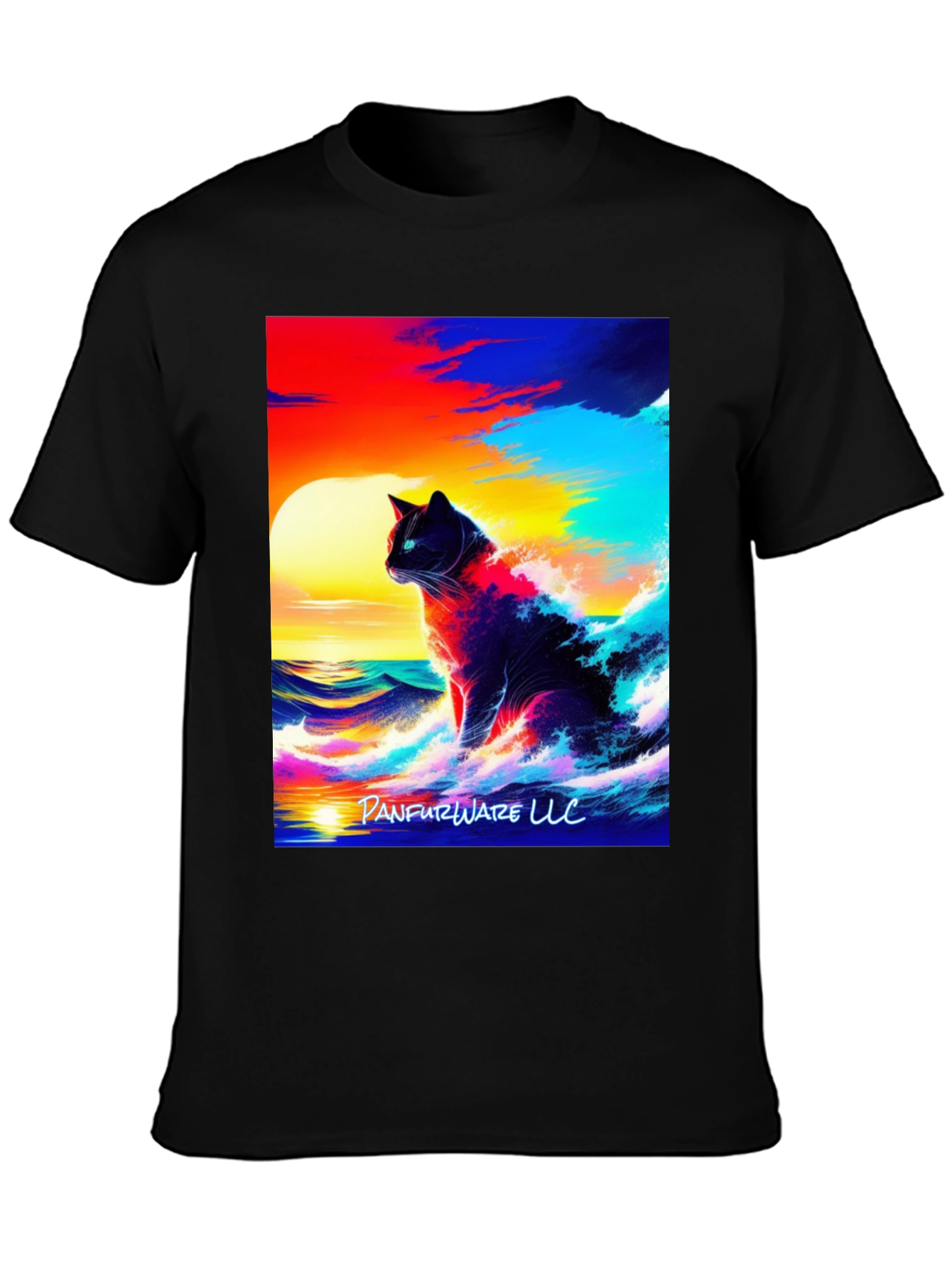 Black Cat Waves T-Shirt - Artistic Sunset Design view 3