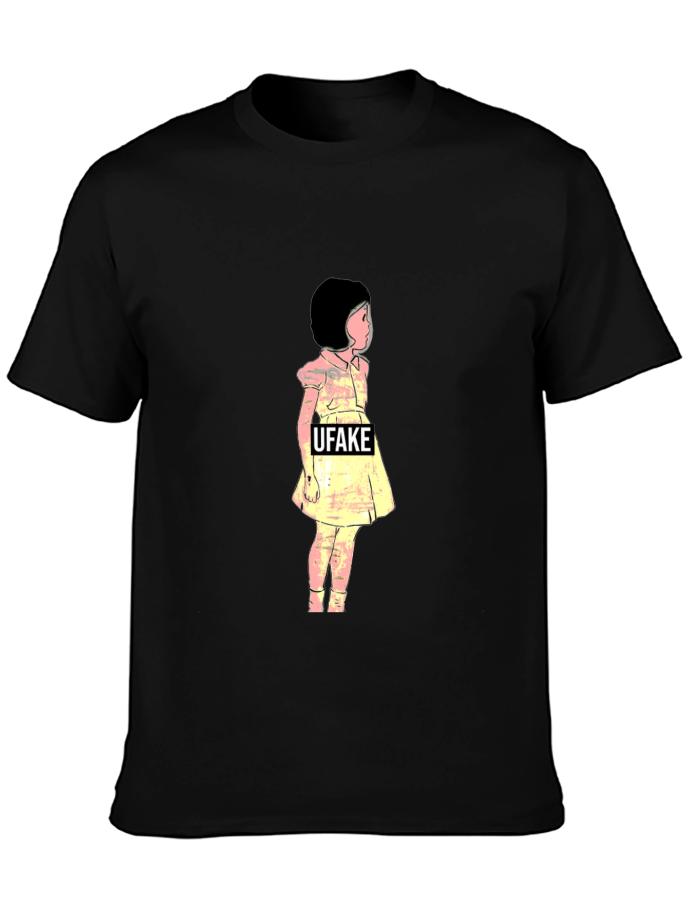 Black Artistic Black T-Shirt with UFAKE Girl Design view 3