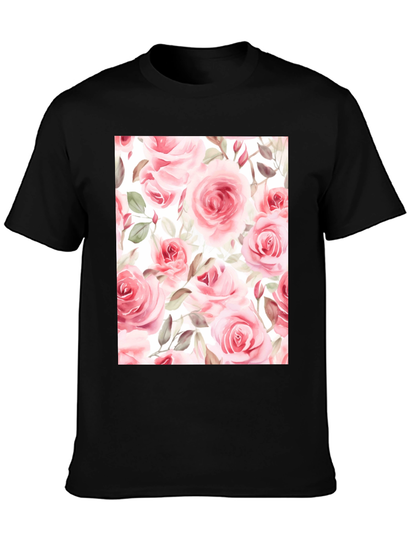 Black Floral Rose Print Black T-Shirt view 3