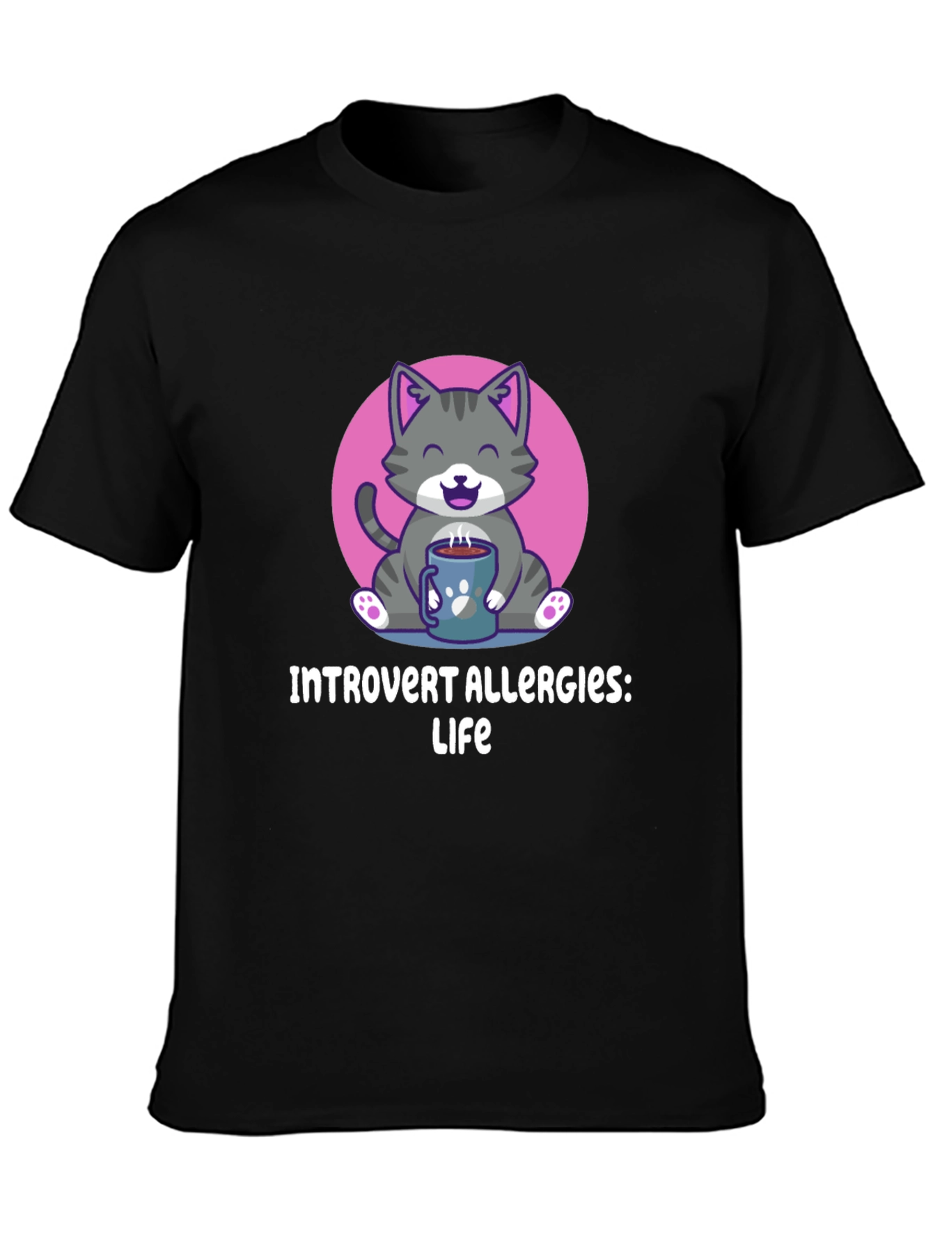 Black Introvert Allergies T-Shirt, Cute Cat Design view 3