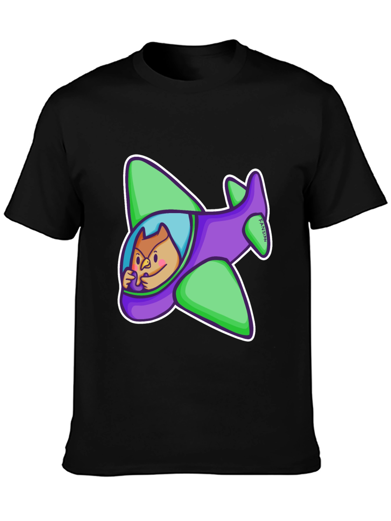 Black Cartoon Owl in Plane Graphic T-Shirt view 3