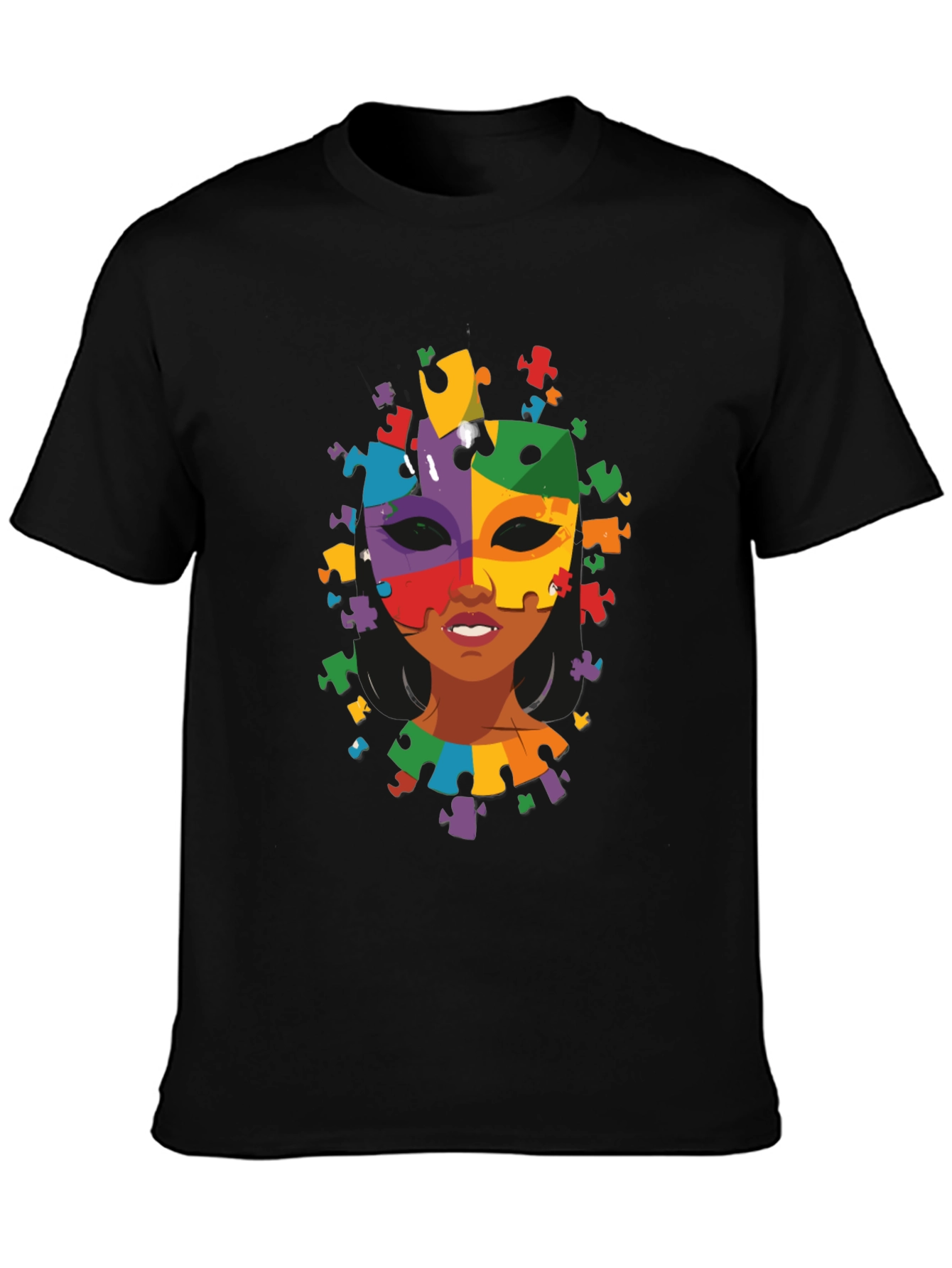 Black Autism Awareness Puzzle Piece Mask Tee view 3