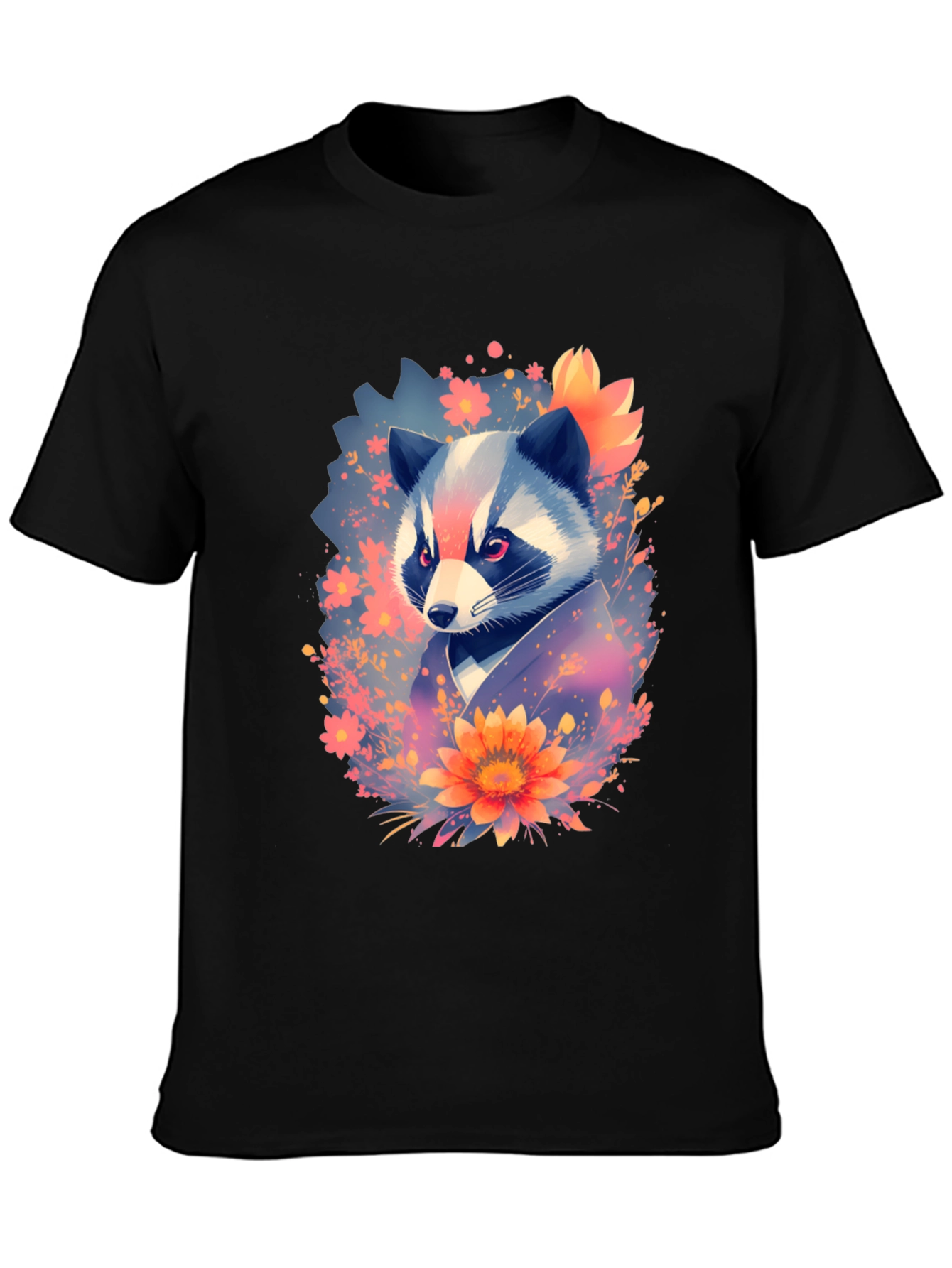 Black Floral Raccoon Graphic Black T-Shirt view 3