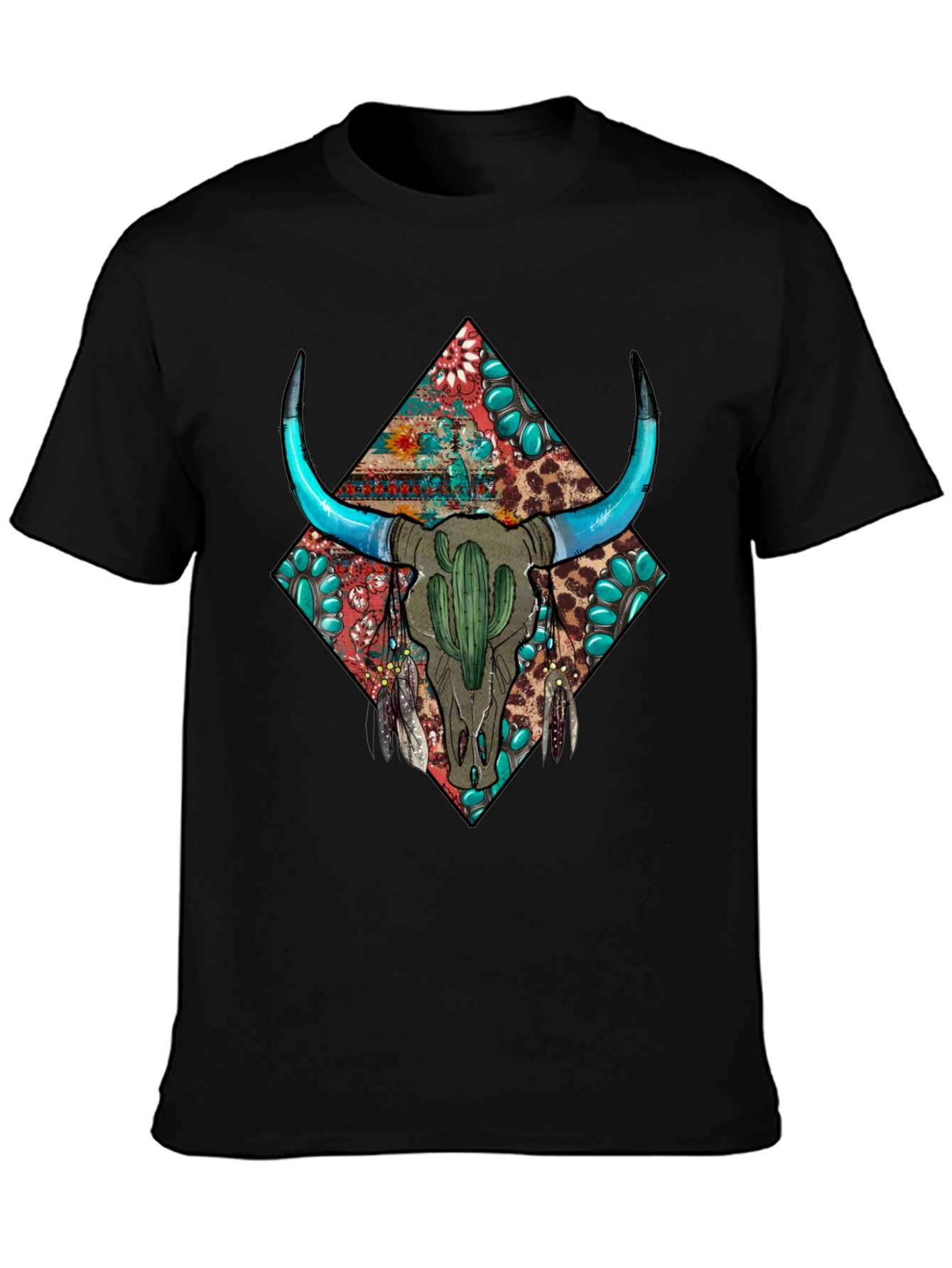 Black Boho Bull Skull Graphic Tee - Western Style view 3