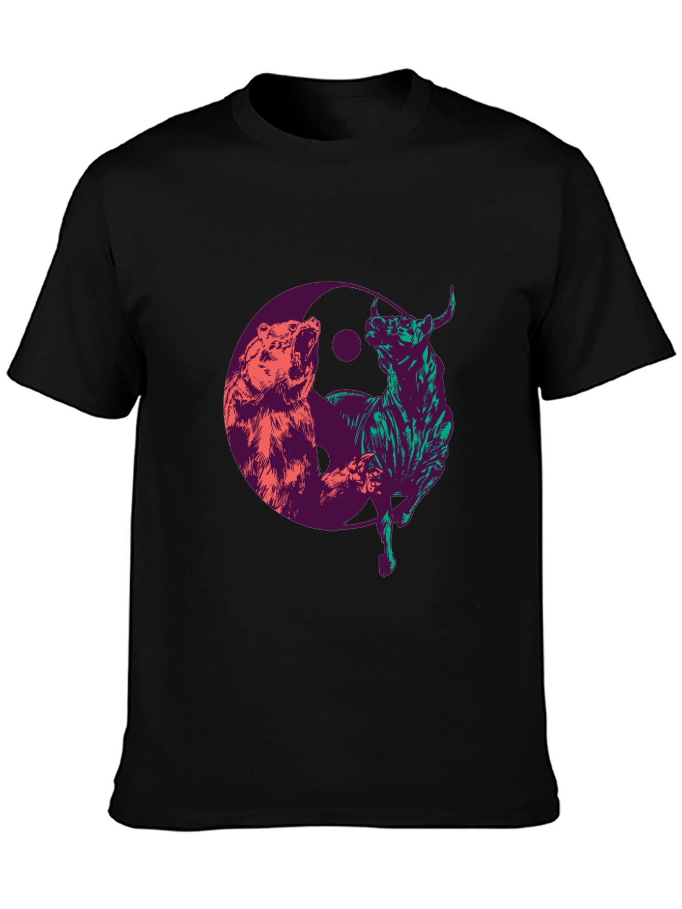 Black Yin Yang Bull and Bear Graphic T-Shirt view 3