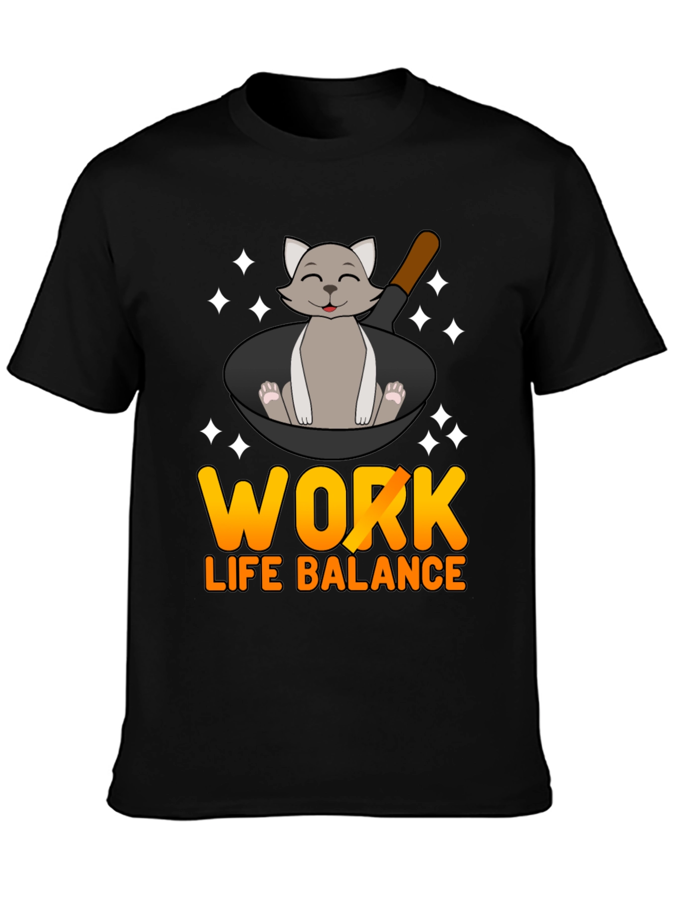 Black Work Life Balance Cat Pan T-Shirt view 3