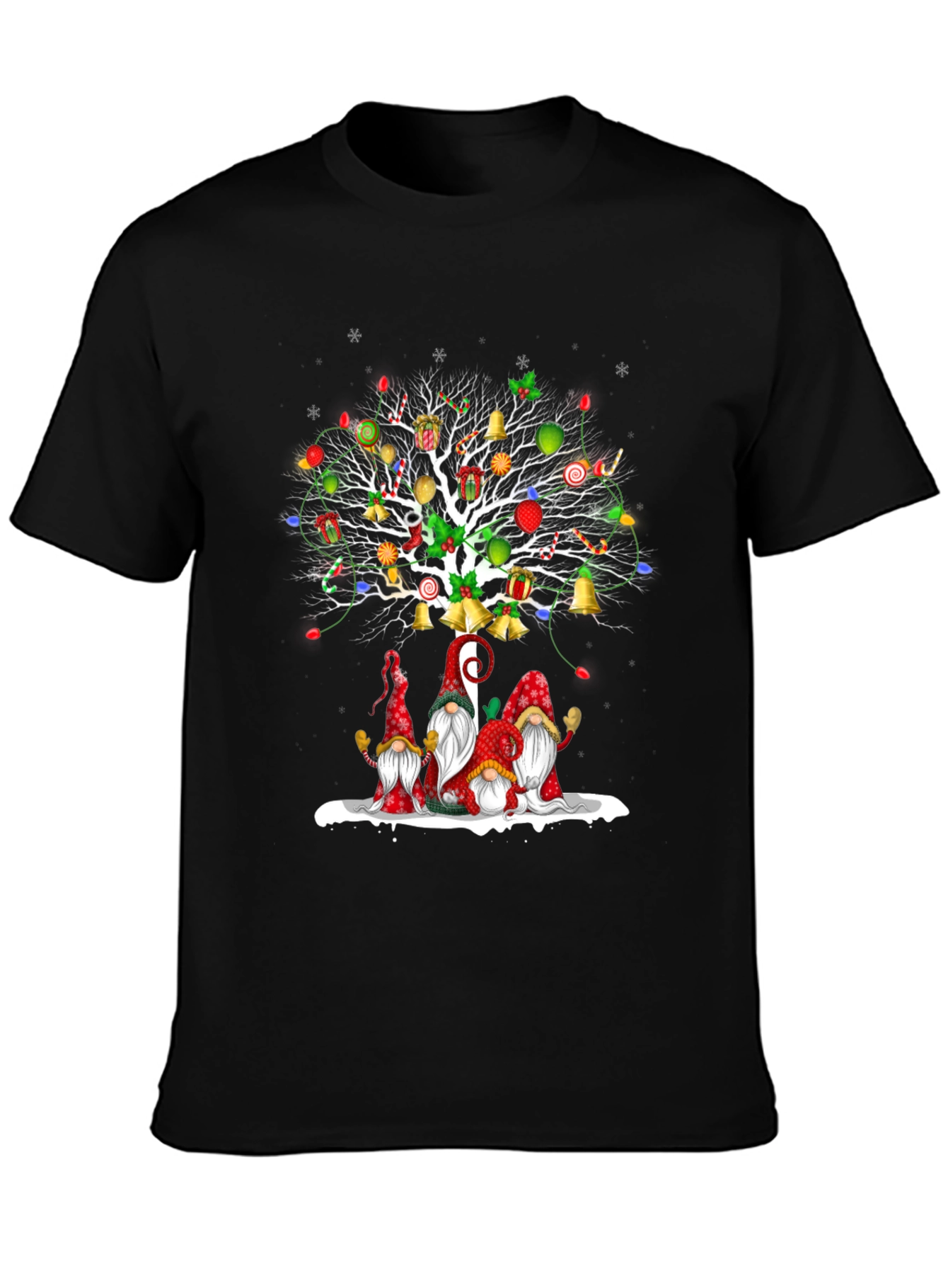 Black Festive Christmas Gnome Tree T-Shirt view 3