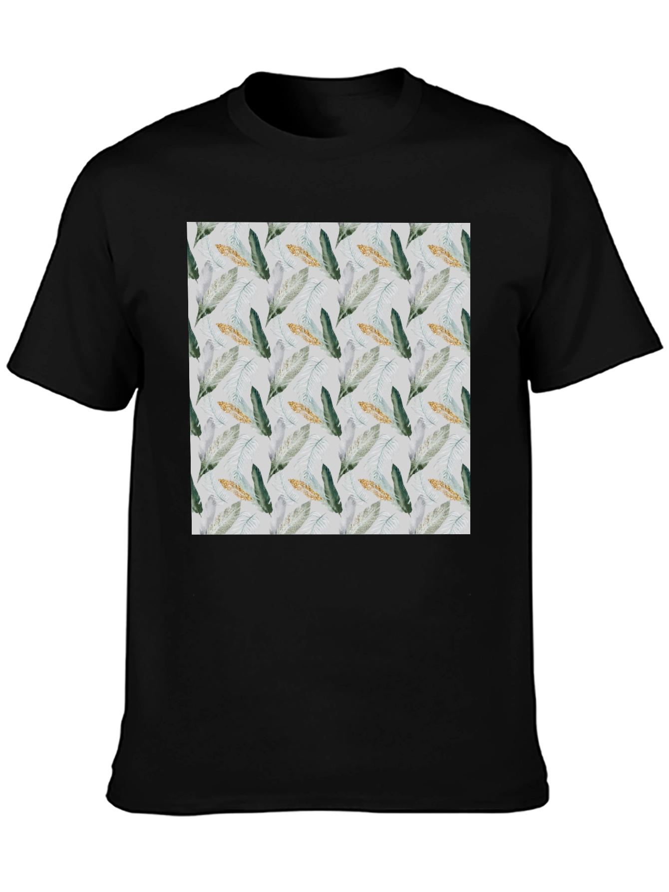 Black Feather Pattern Black T-Shirt view 3