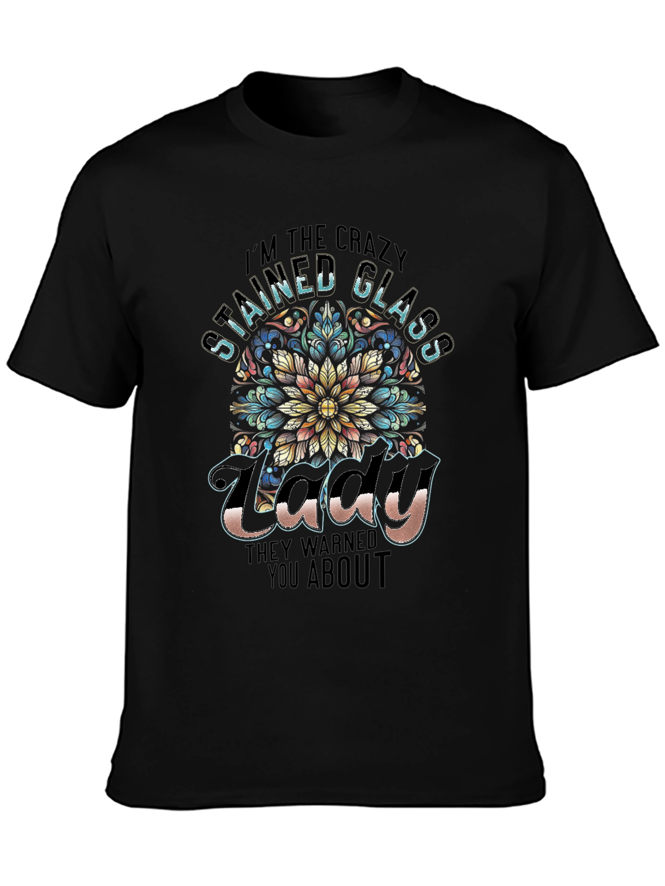 Black Crazy Stained Glass Lady T-Shirt view 3