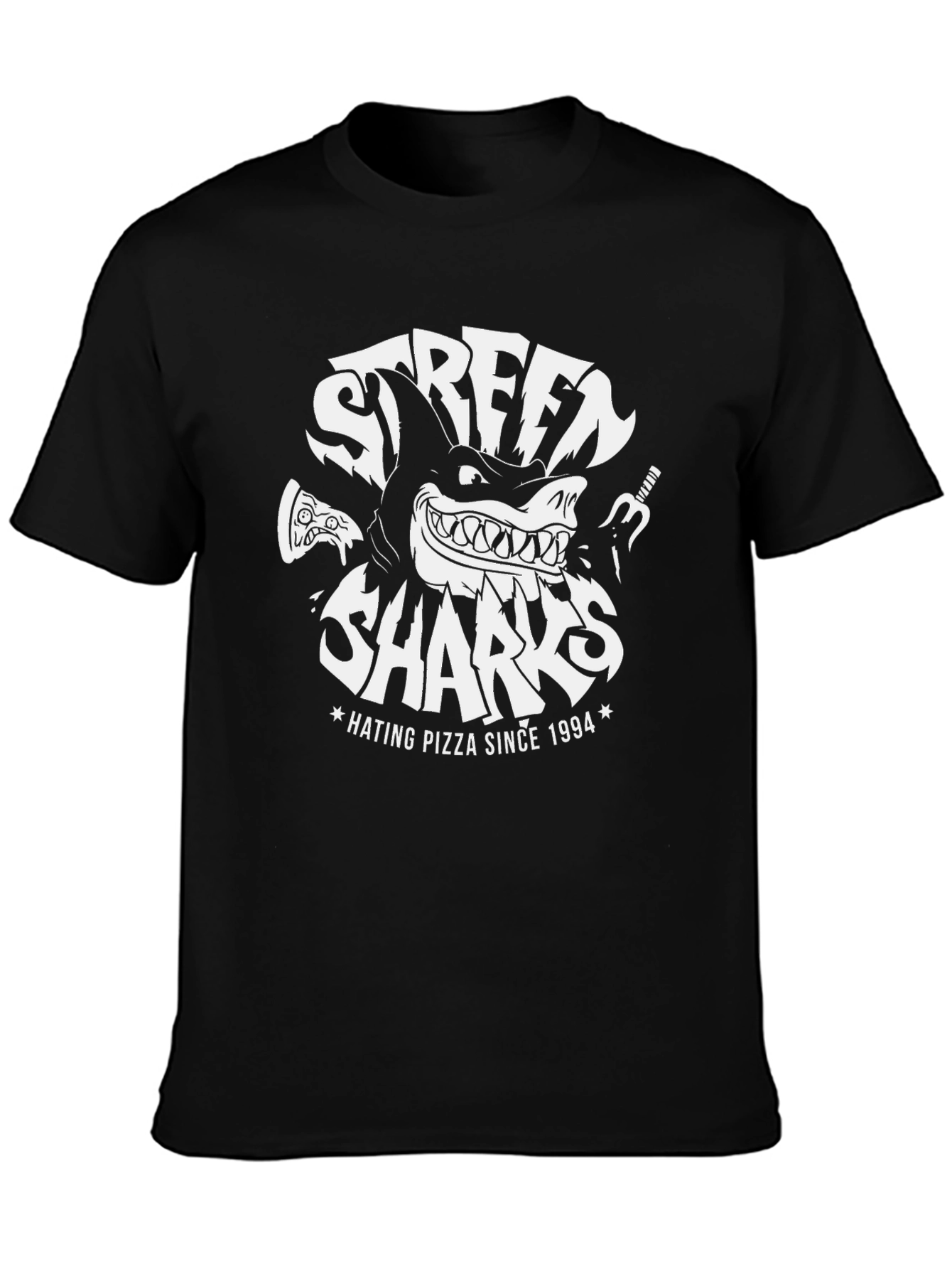 Black Street Sharks Hating Pizza Since 1994 Black T-Shirt view 3