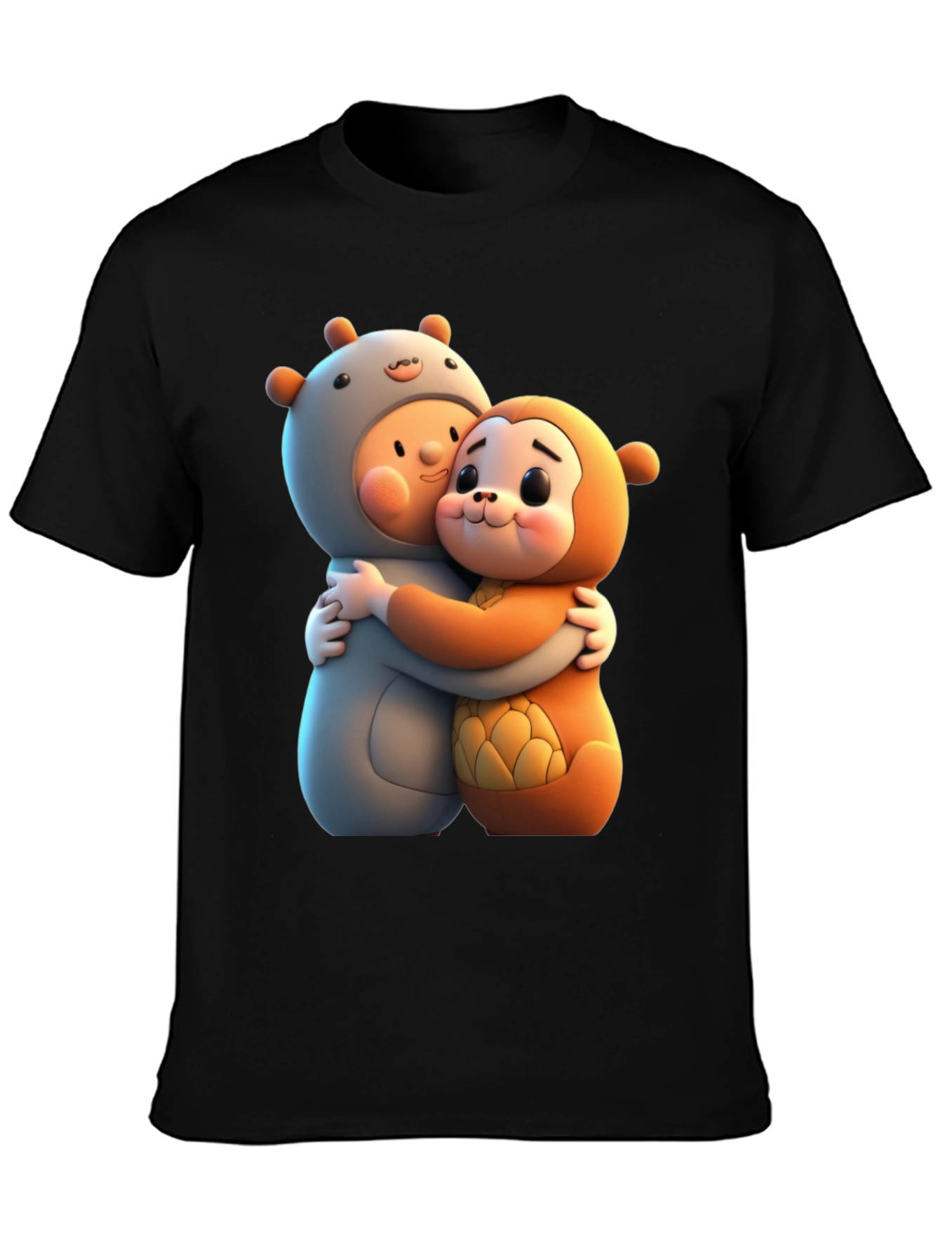 Black Cute Cartoon Character Hug Graphic Tee view 3