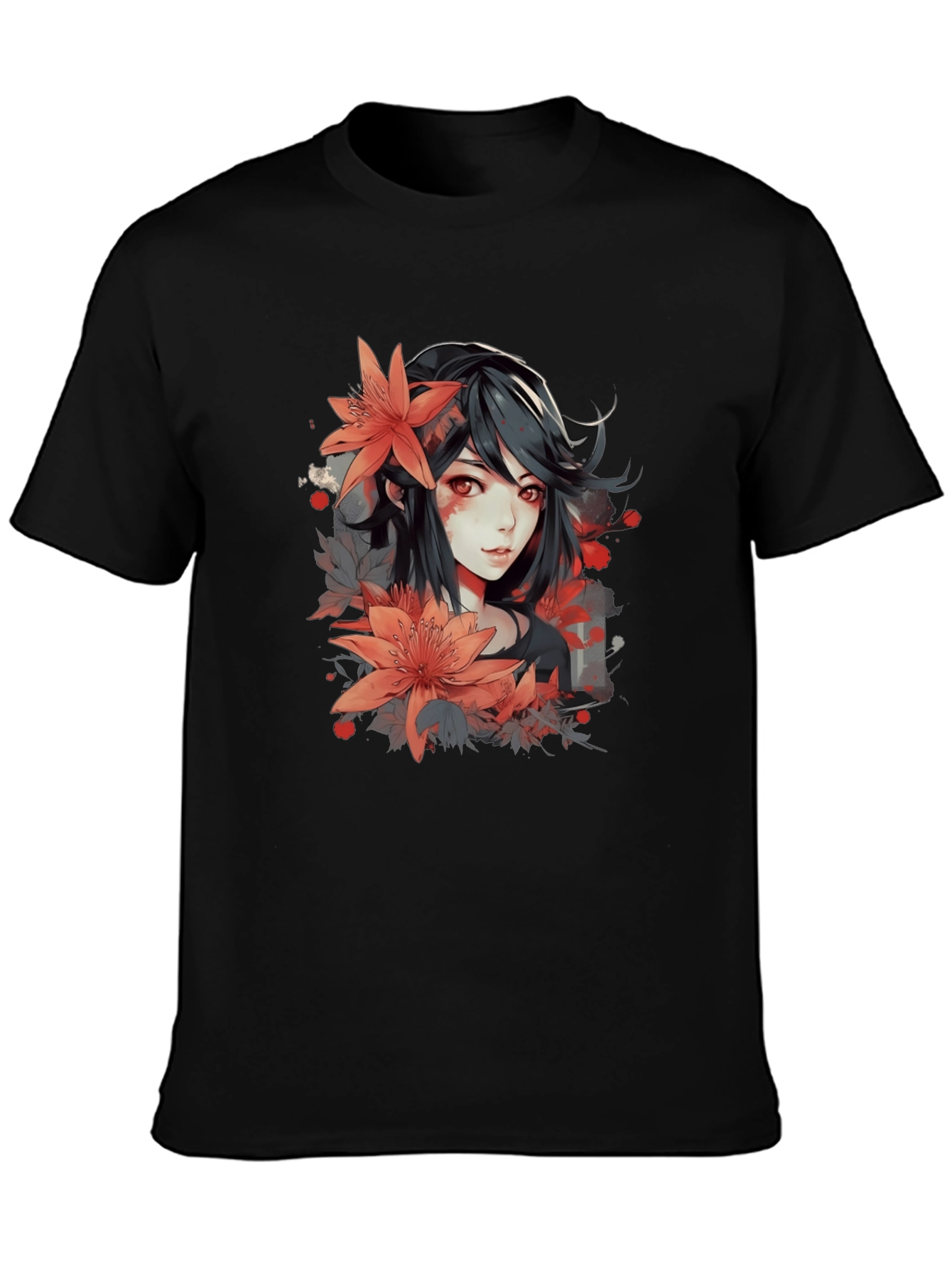 Black Anime Girl Floral Graphic Black T-Shirt view 3