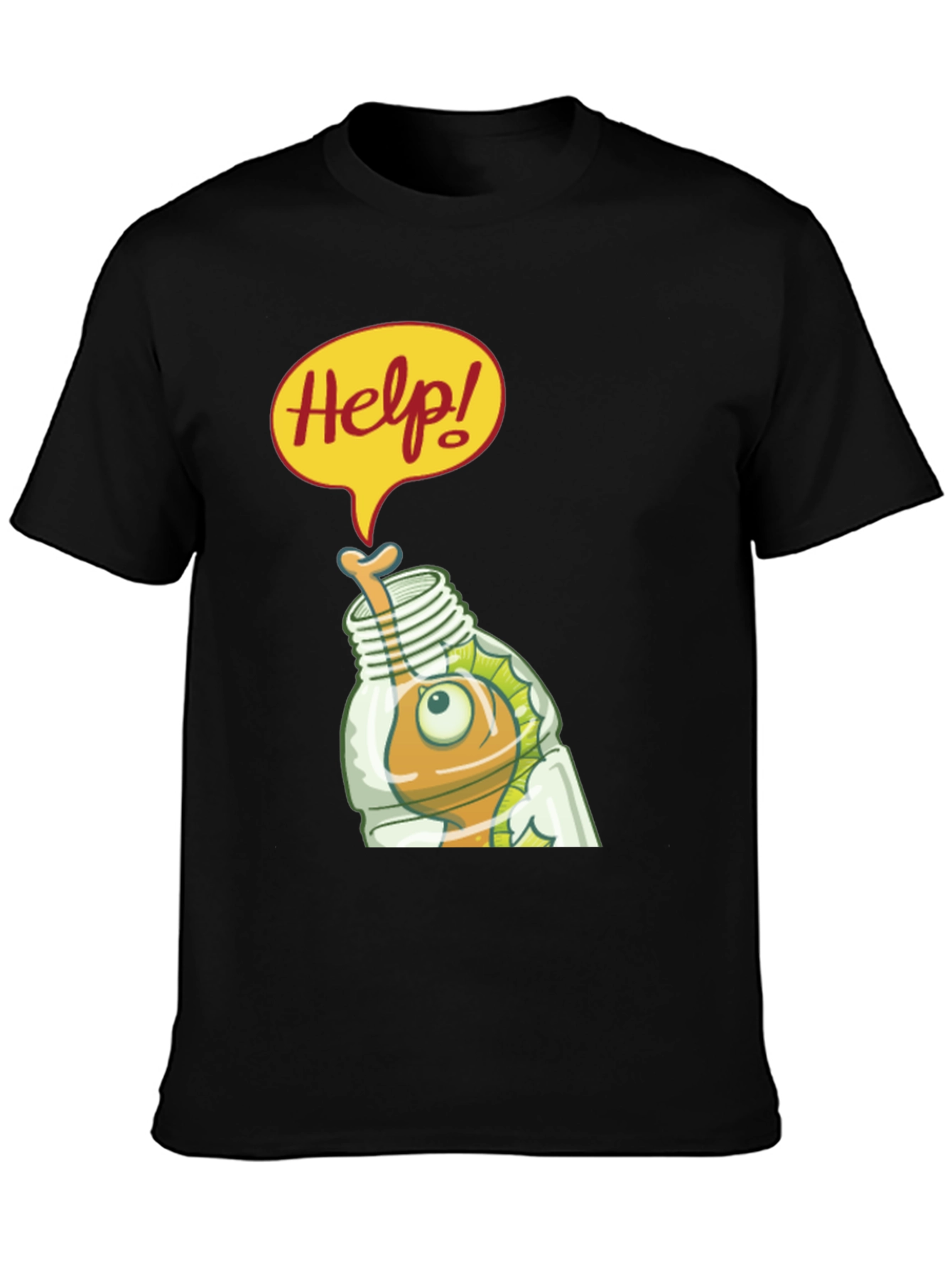 Black Help! Cartoon Fish in Bottle Graphic T-Shirt view 3