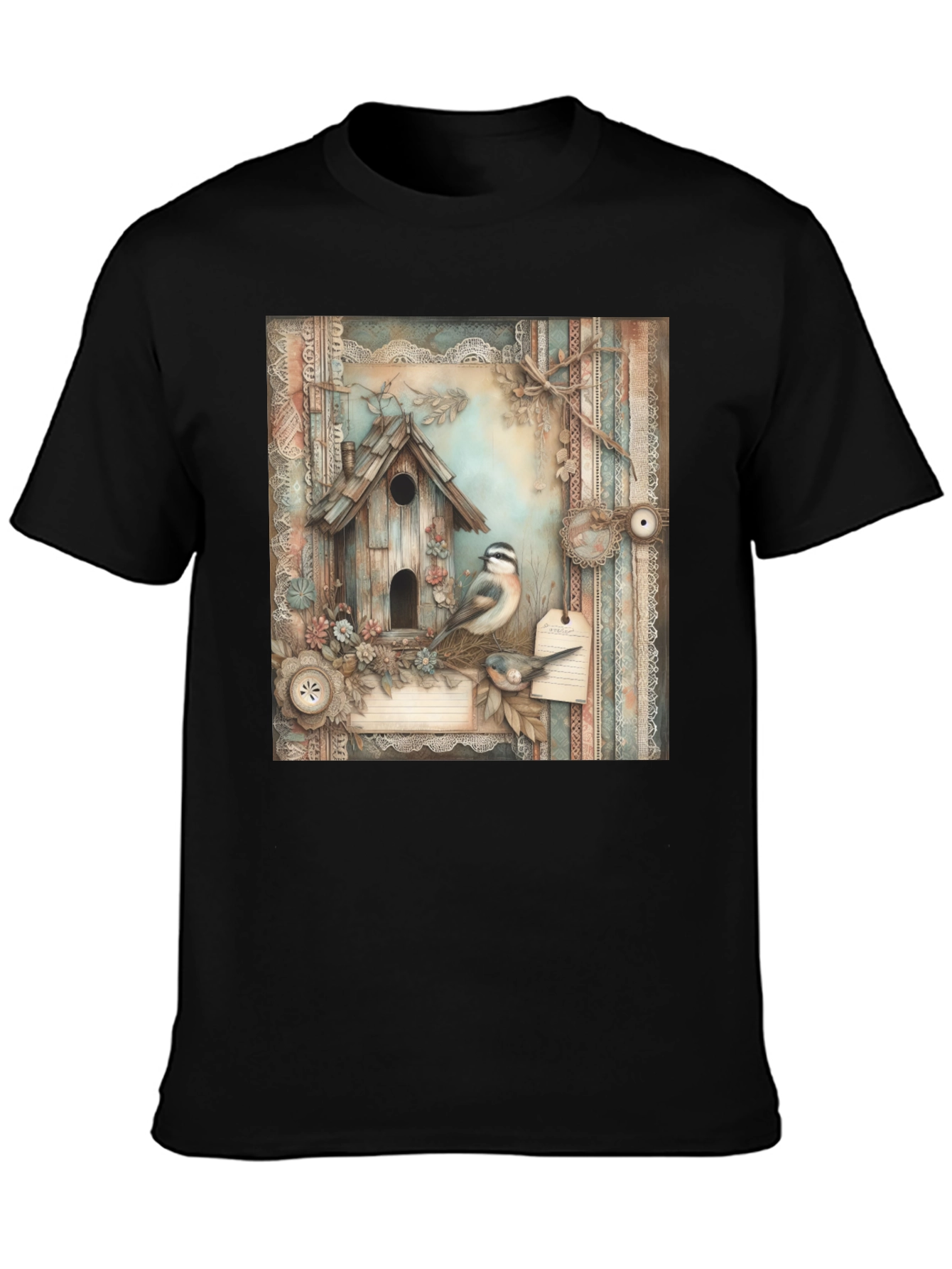 Black Rustic Birdhouse & Bird T-Shirt view 3