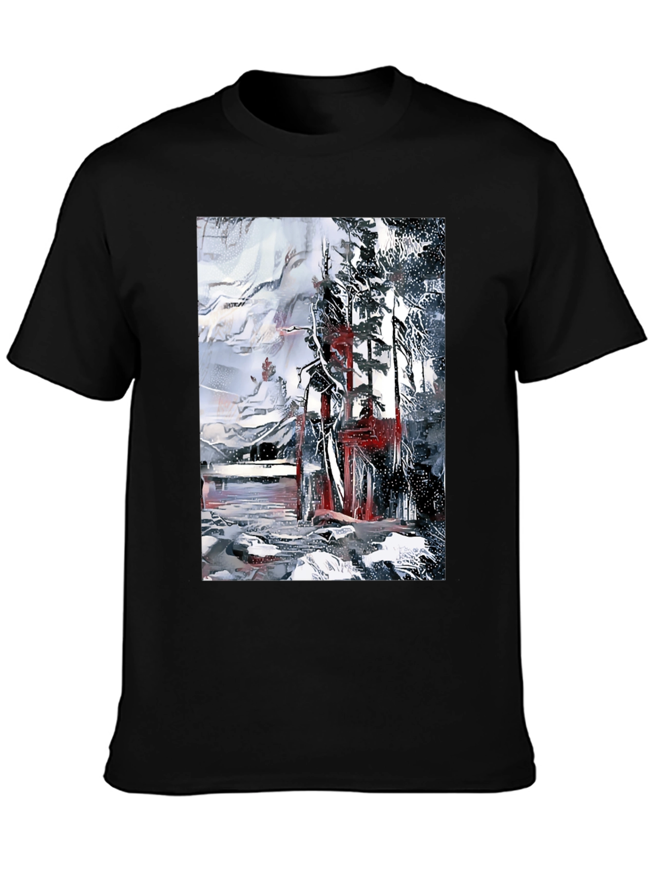 Black Abstract Winter Scene Black T-Shirt view 3