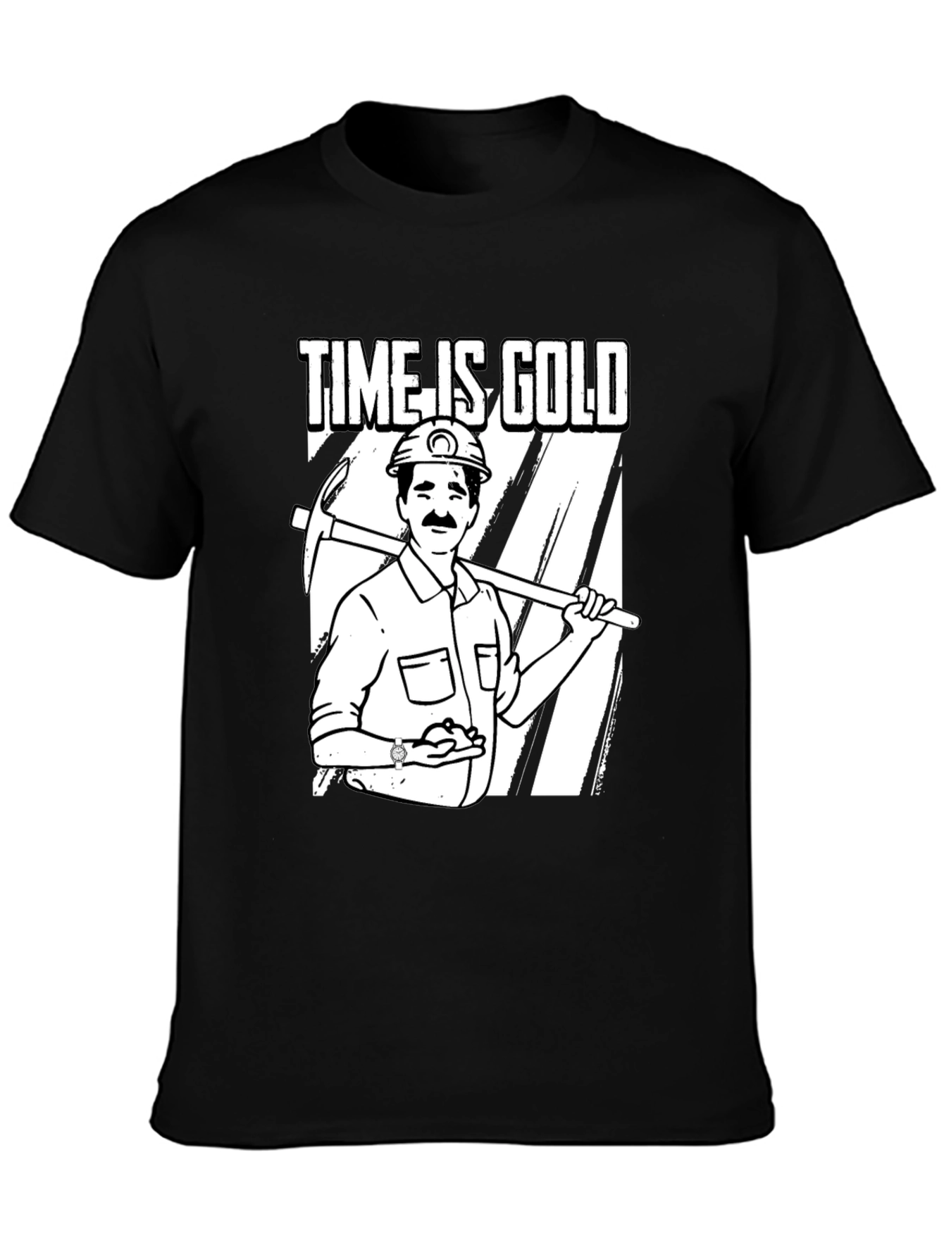 Black Time Is Gold Graphic Tee Miner Cartoon T-Shirt view 3