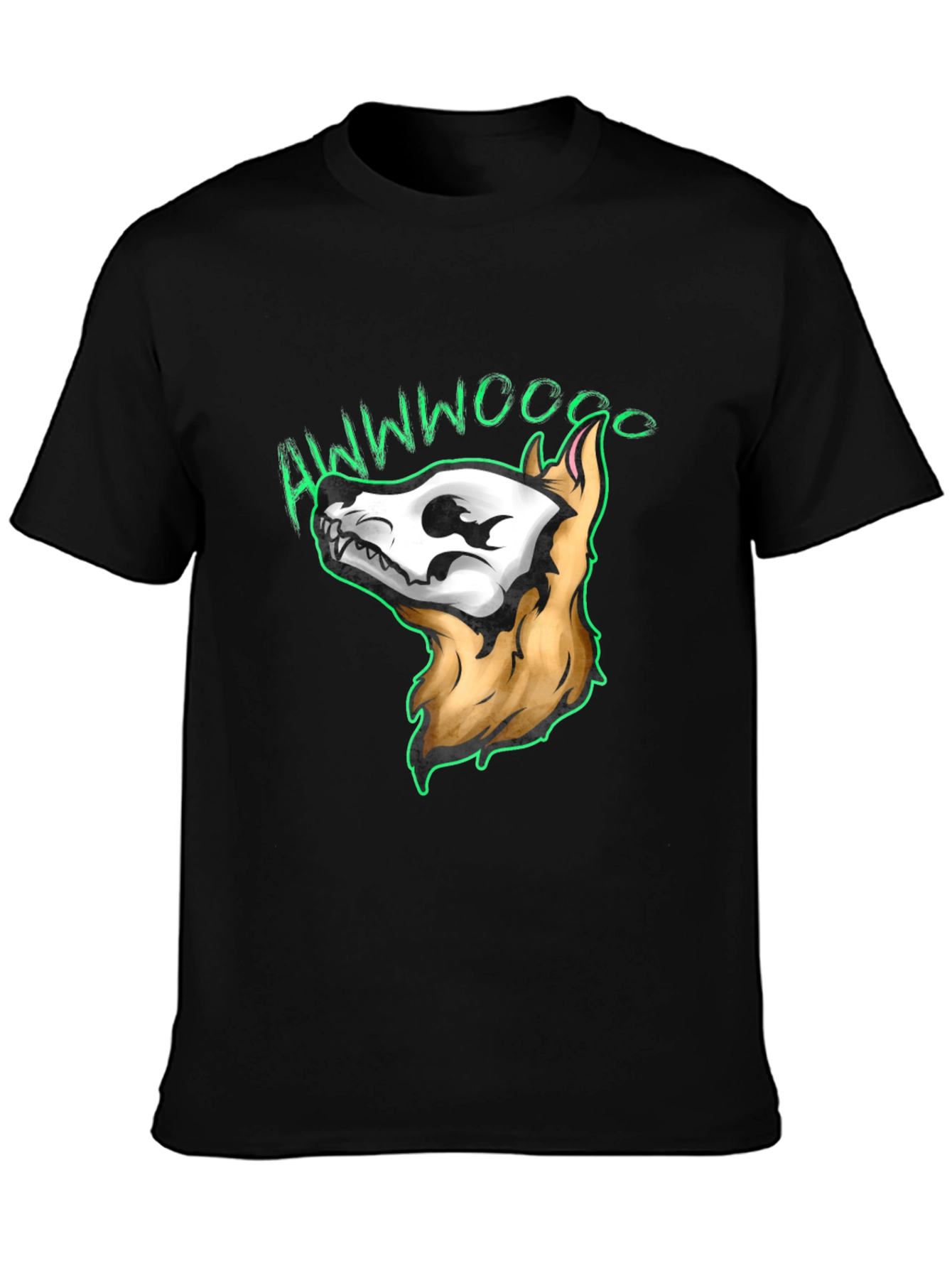 Black Awwwwoooo Skeleton Dog T-Shirt view 3