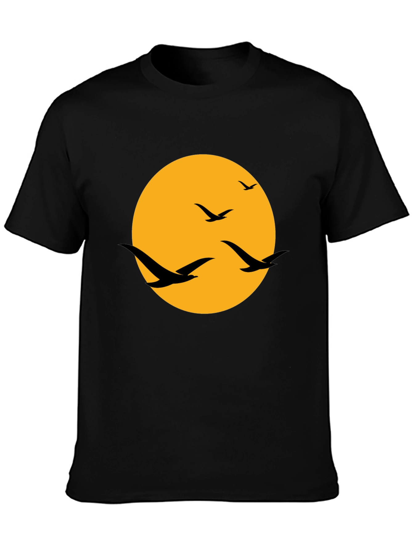 Black Men's Black T-Shirt with Birds and Moon Design view 3