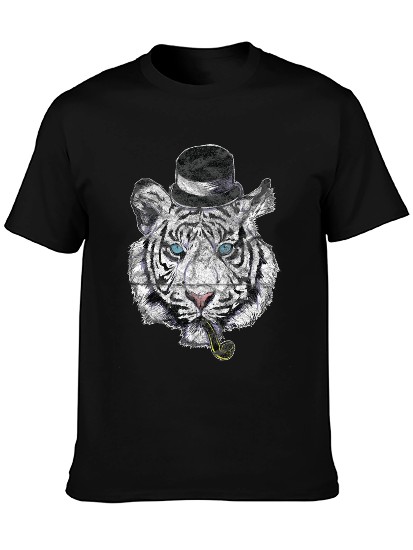 Black Tiger with Hat & Pipe Black Graphic Tee view 3