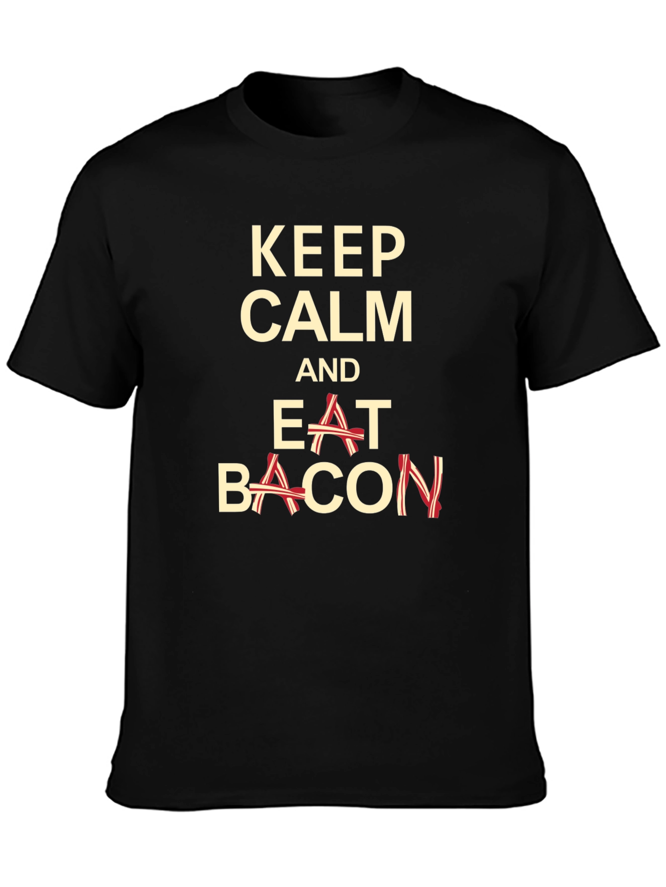Black Keep Calm and Eat Bacon Funny T-Shirt view 3