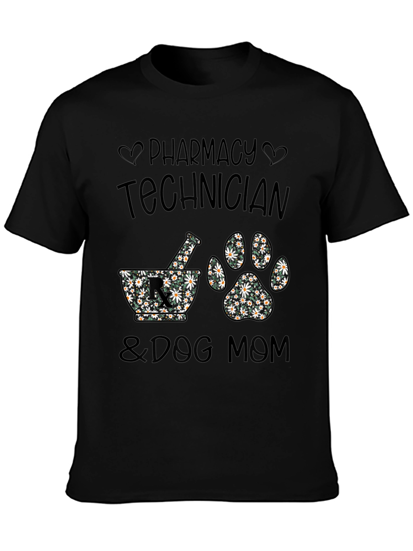 Black Pharmacy Tech & Dog Mom Floral Print T-Shirt view 3