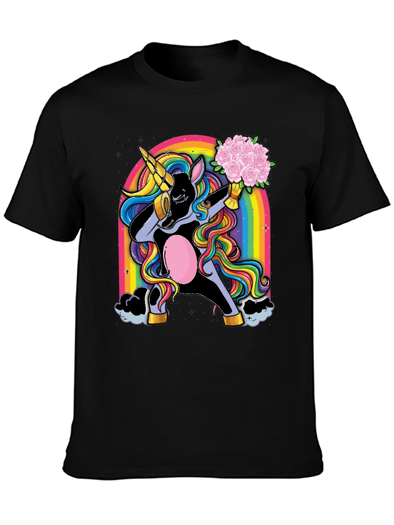 Black Dabbing Unicorn T-Shirt - Rainbow & Flowers view 3