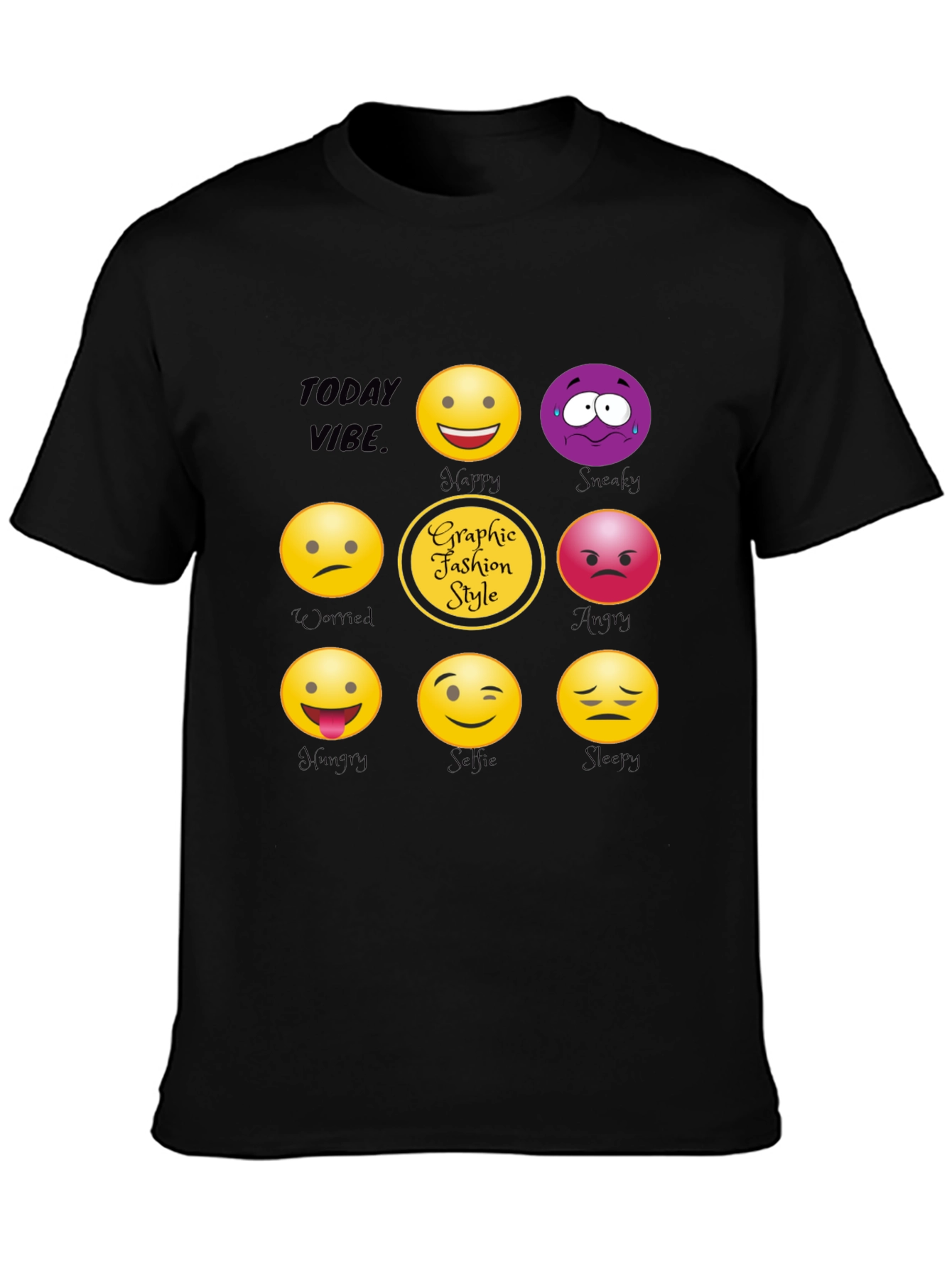 Black Today Vibe Emoji Graphic Style T-Shirt view 3