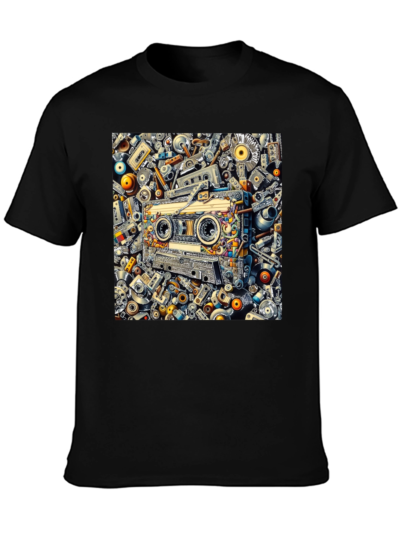 Black Cassette Tape Collage Graphic Tee - Retro Style view 3