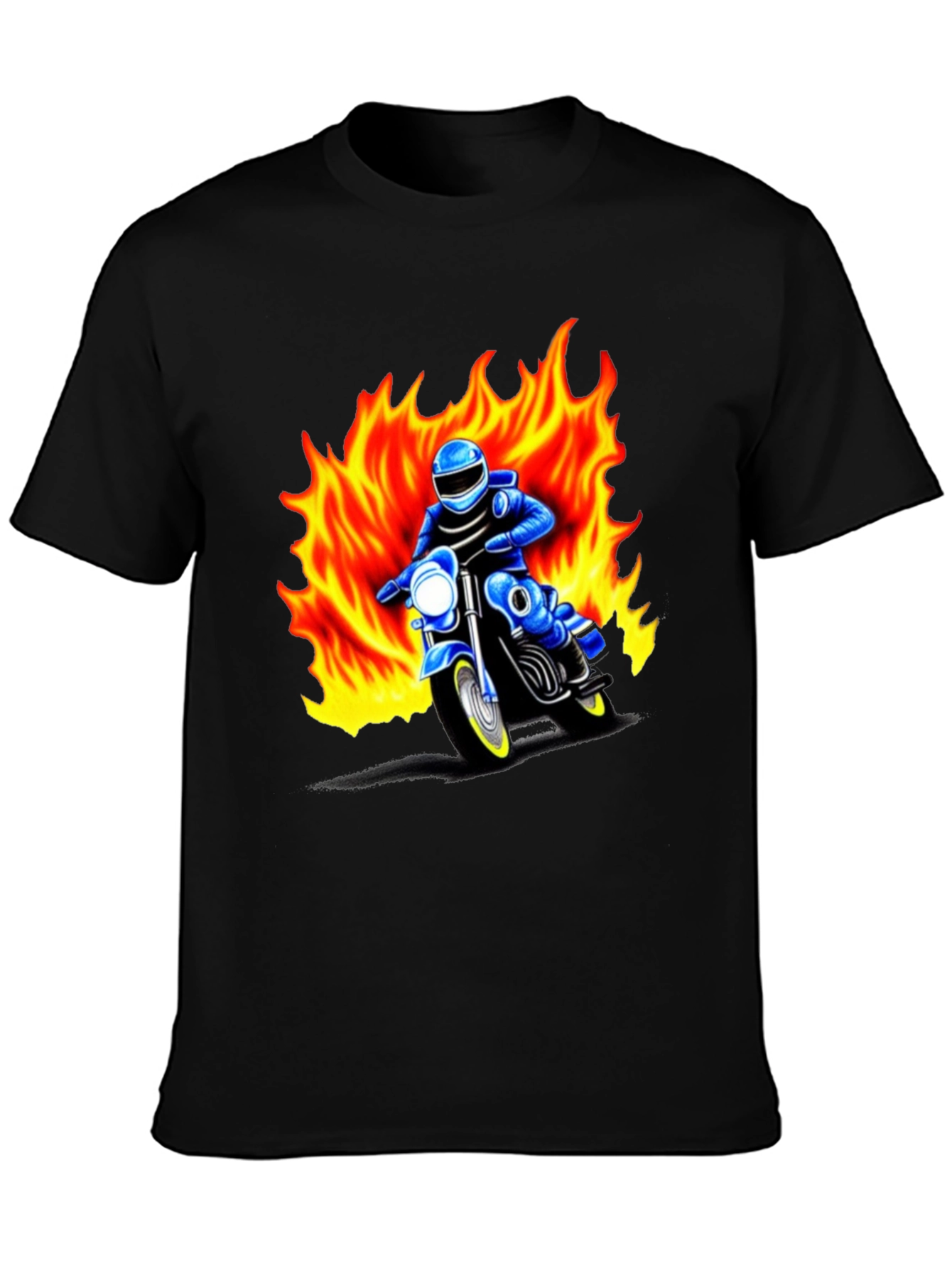 Black Men's Graphic T-Shirt - Motorcycle Rider in Flames view 3