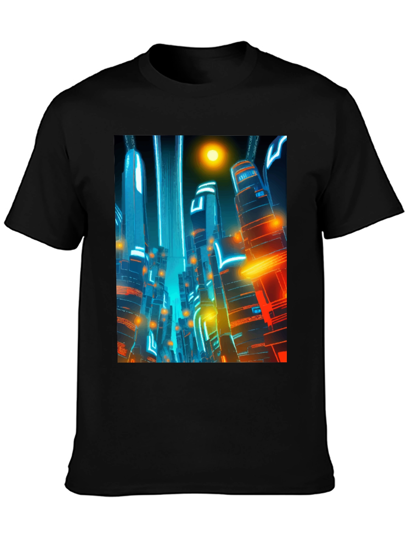Black Futuristic Cityscape Graphic Tee - Cyberpunk Style Shirt view 3