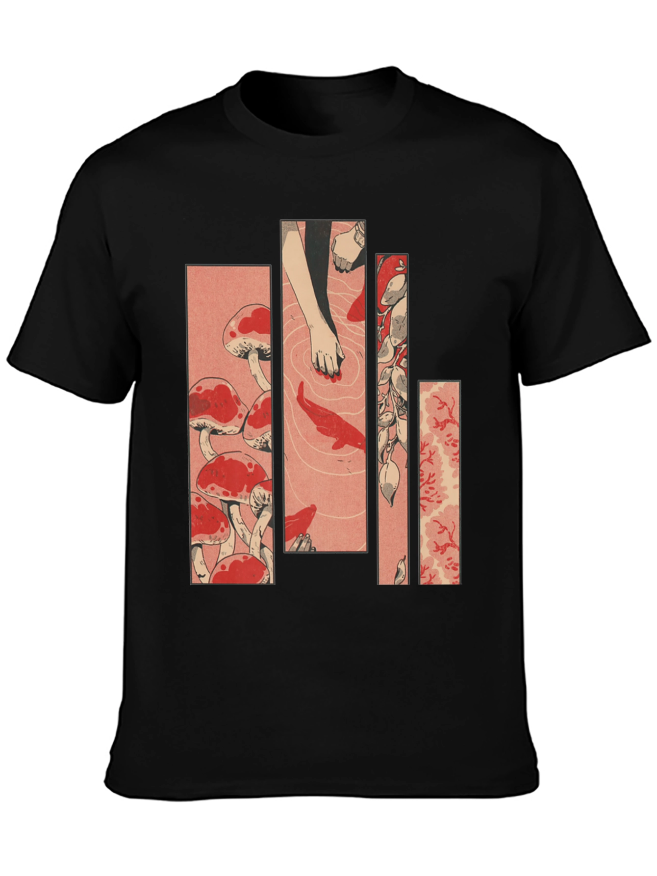 Black Ukiyo-e Style Mushroom & Koi Pond Graphic Tee view 3